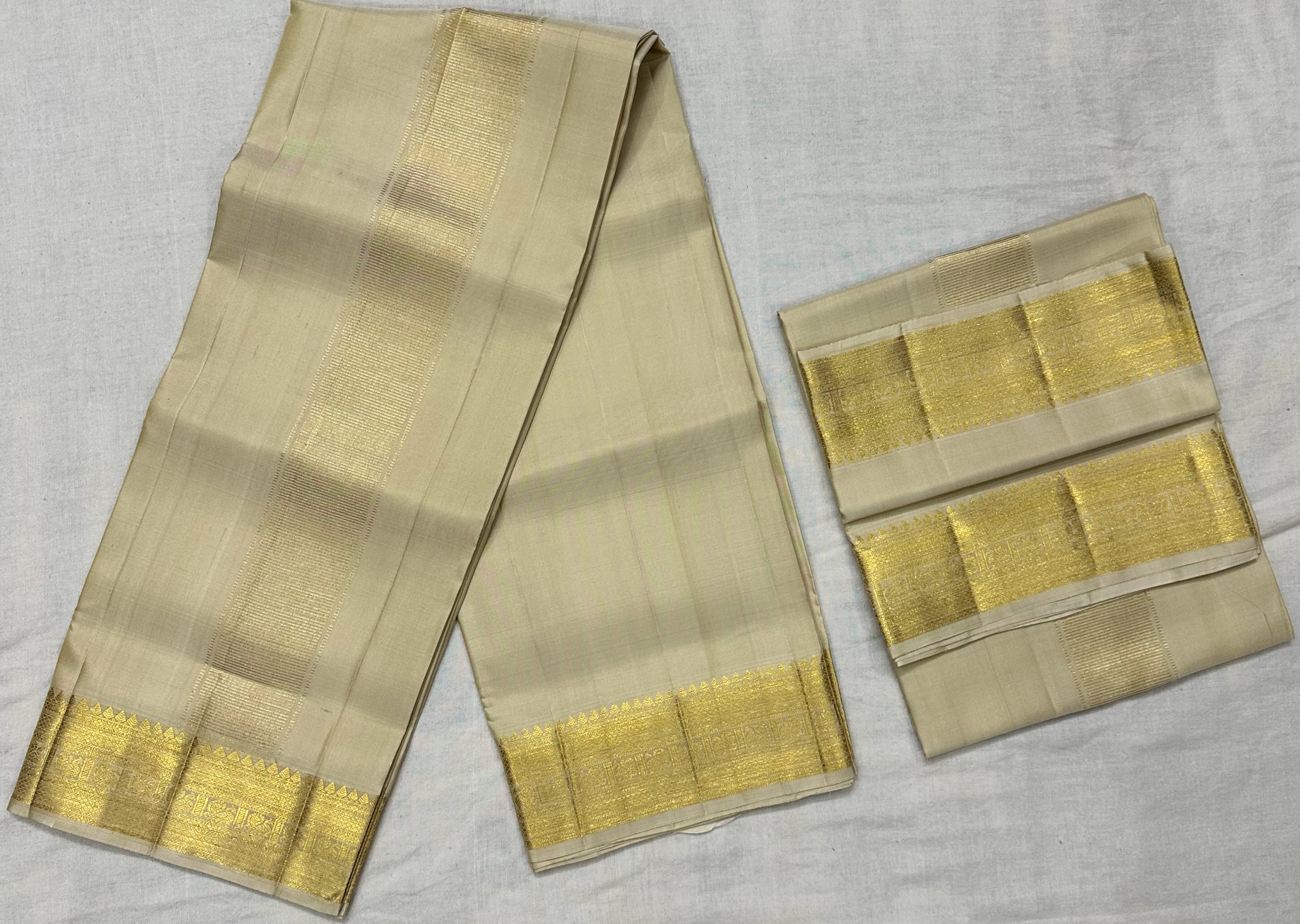 Dharmavaram Beige Pure Silk Dhothi & Angavastram Set with Gold-Tone Zari Border