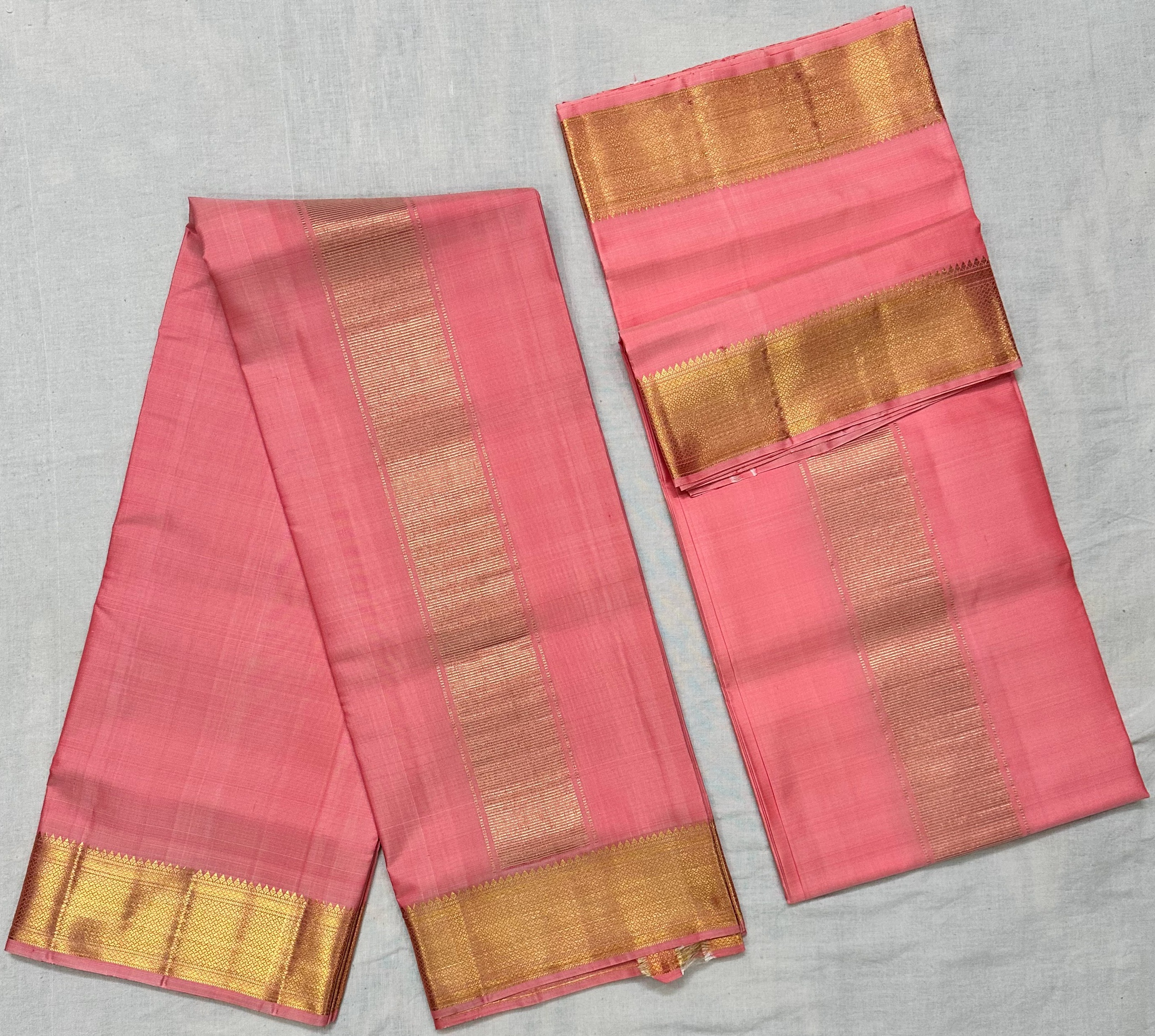 Dharmavaram Pink Pure Silk Dhothi & Angavastram Set with Gold-Tone Zari Border