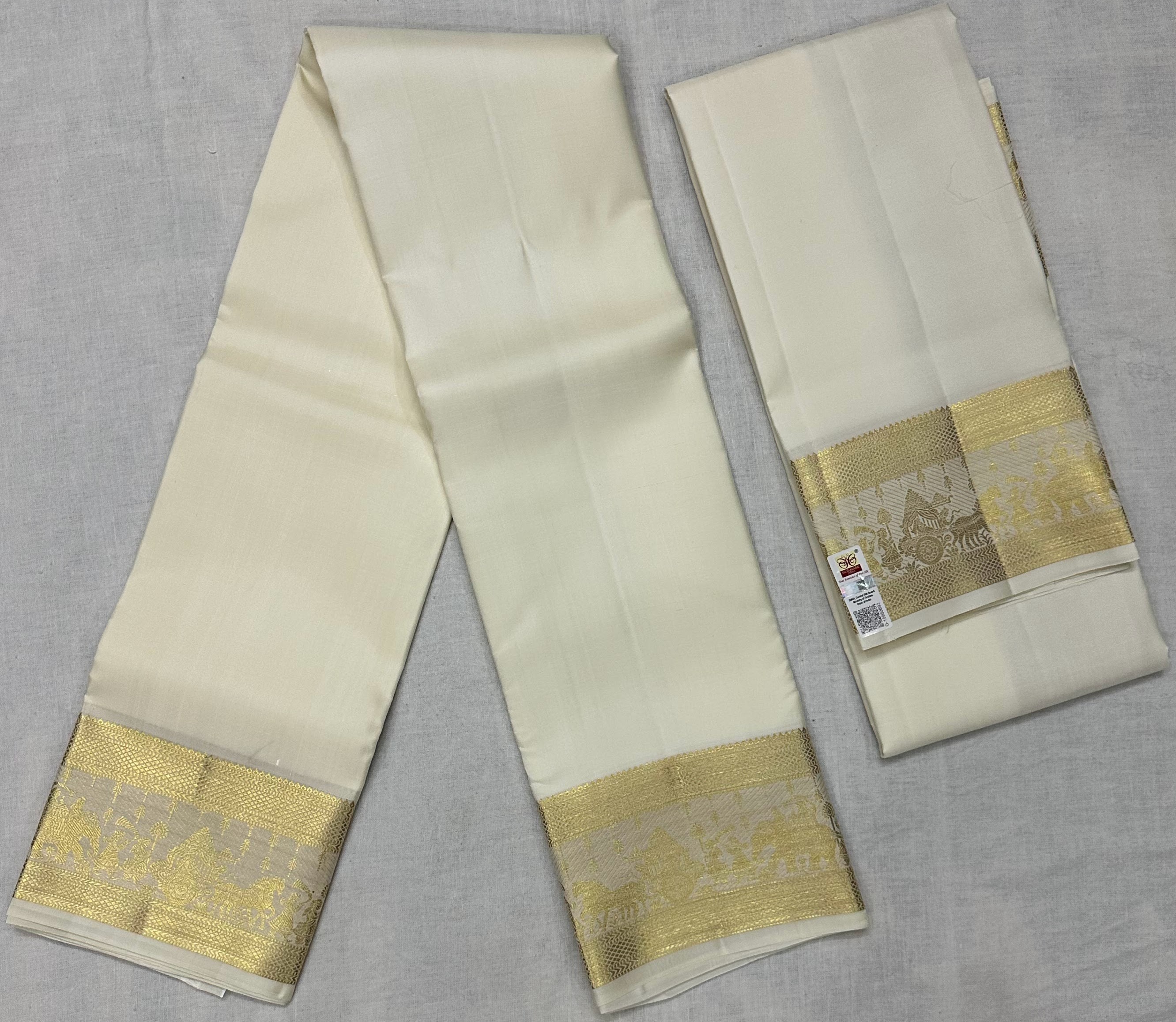 Dharmavaram Cream Pure Silk Dhothi & Angavastram Set with Gold-Tone Zari