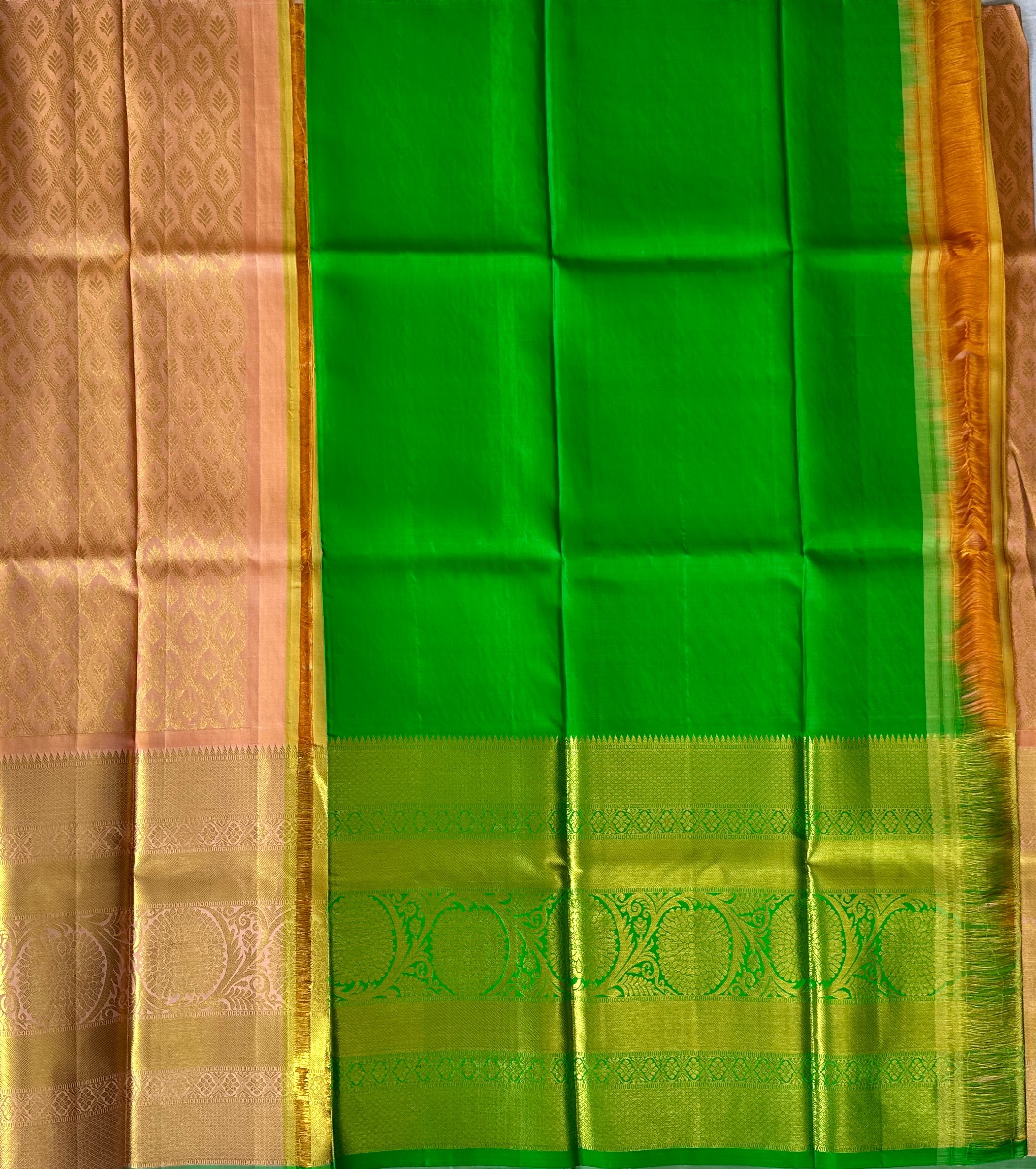 Dharmavaram Peach & Bright Green Pure Silk Half Saree with Gold-Tone Floral Medallion Border