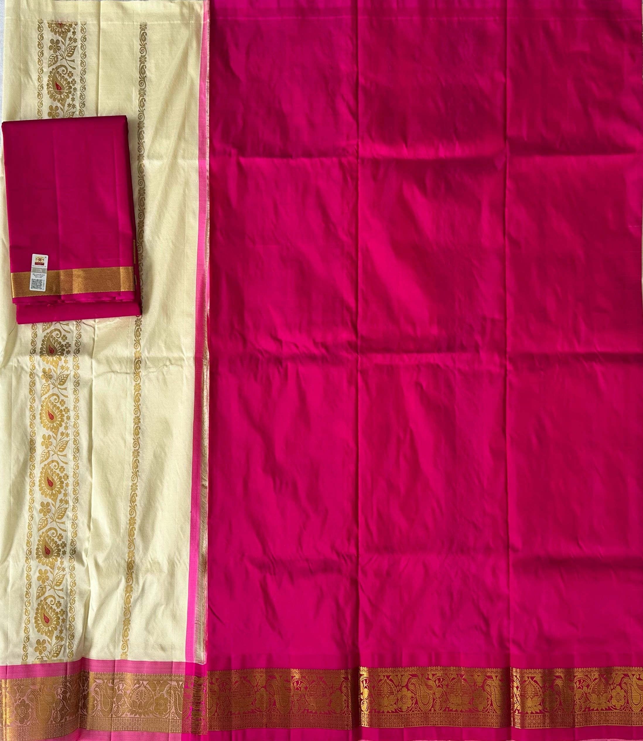 Dharmavaram Off-White & Rani Pink Pure Silk Half Saree with Gold-Tone Paisley Border