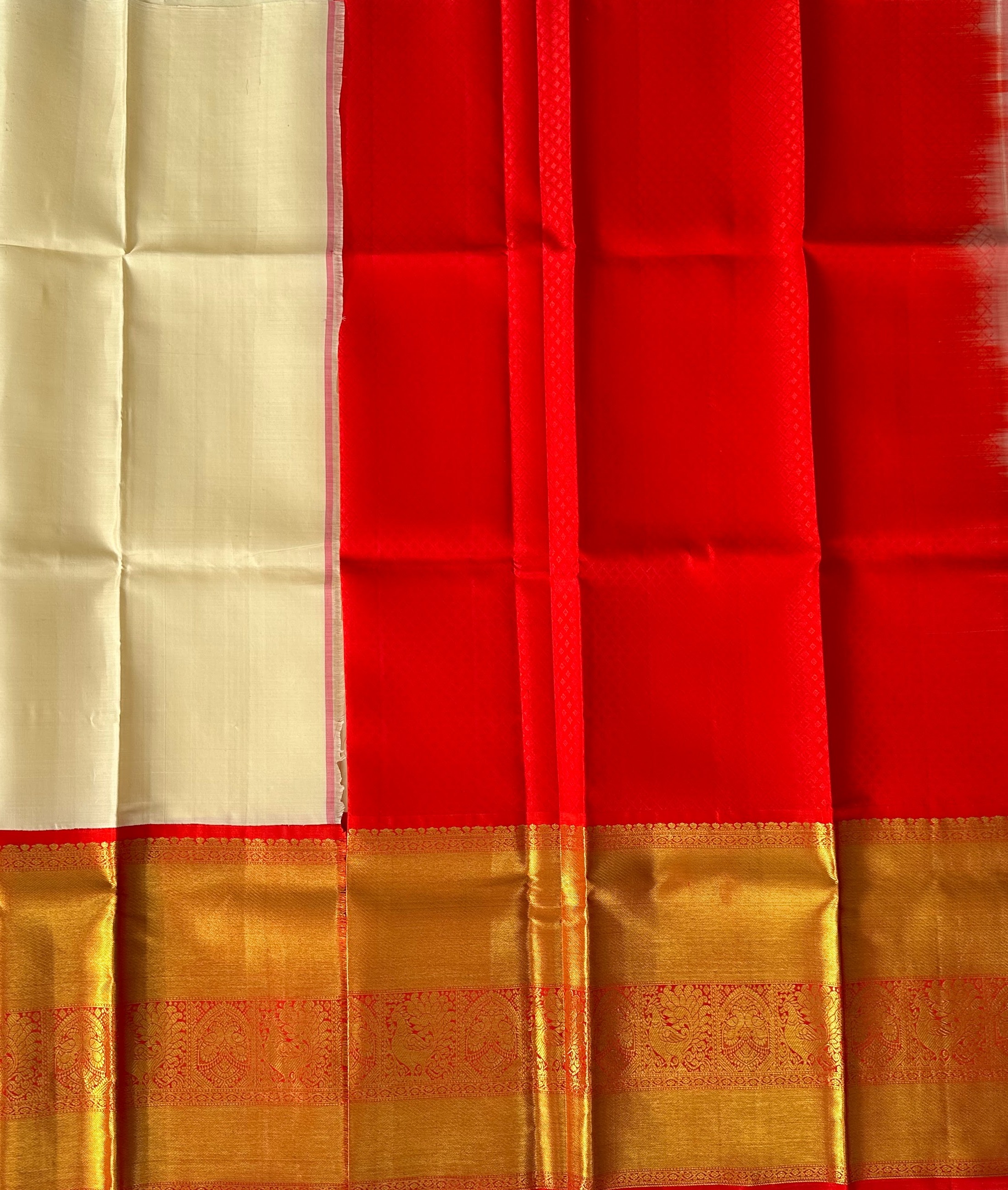 Dharmavaram Red & Cream Pure Silk Half Saree with Gold-Tone Peacock Border
