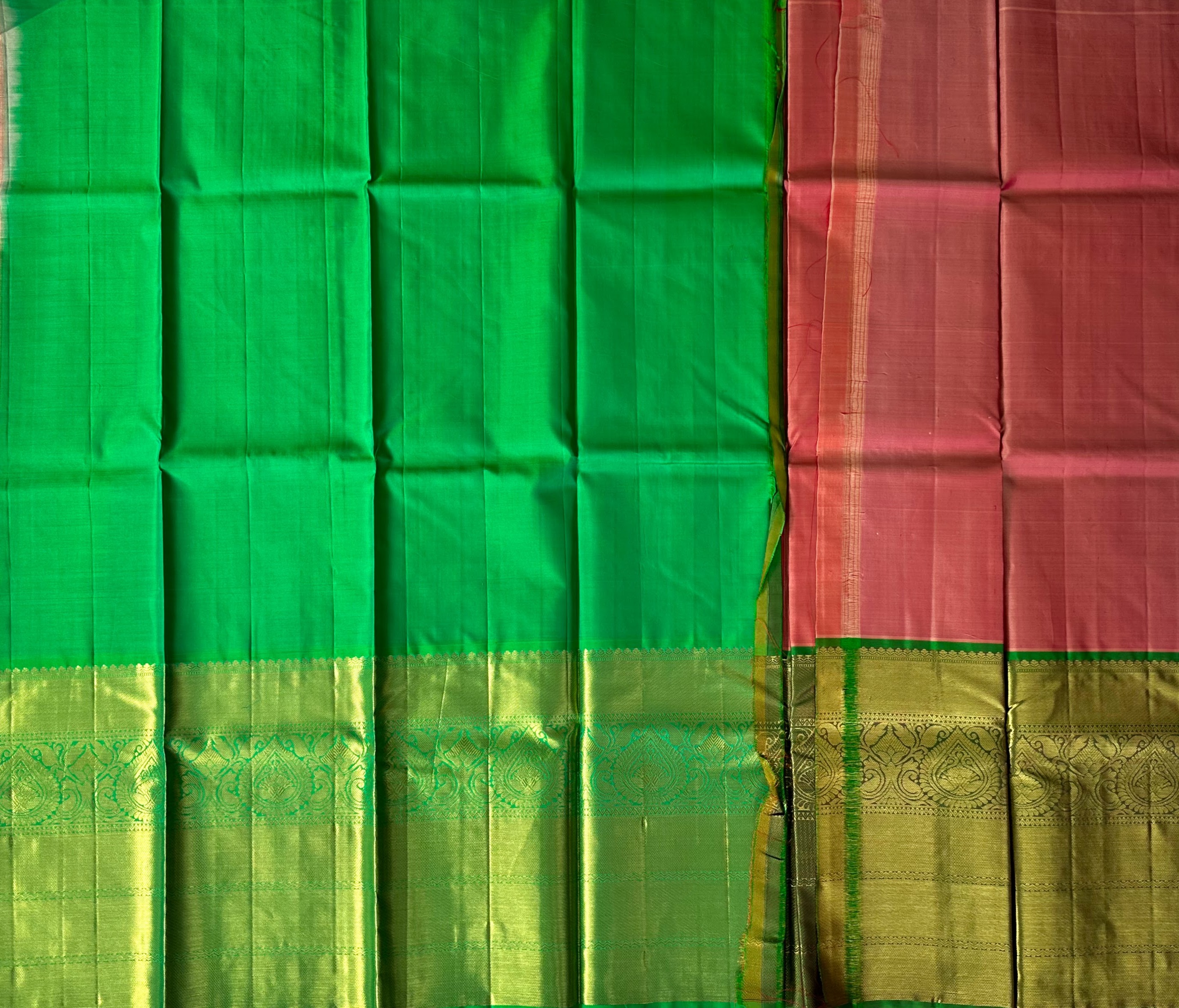 Dharmavaram Emerald Green & Rose Pink Pure Silk Half Saree with Gold-Tone Paisley Border
