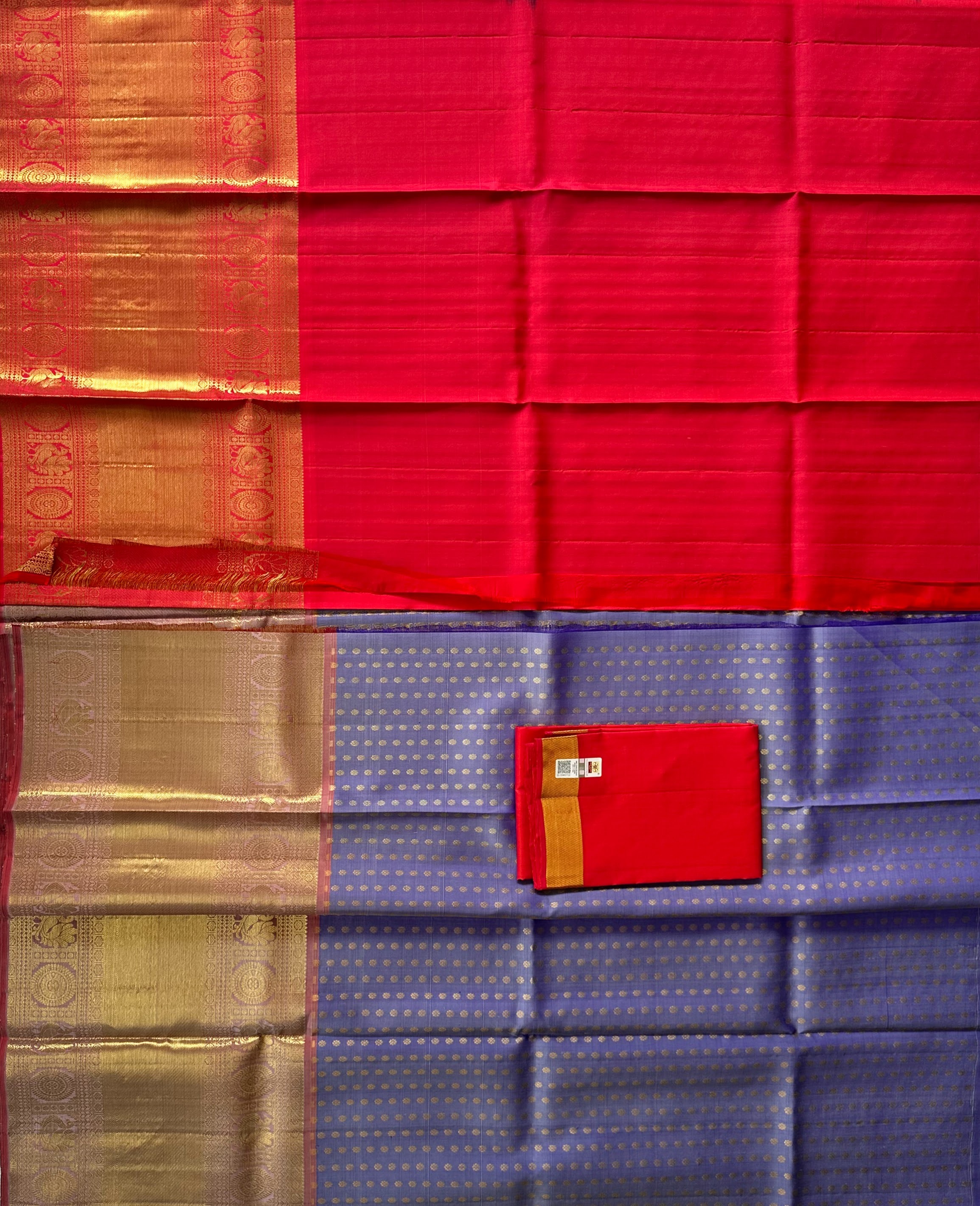 Dharmavaram Lavender & Crimson Red Pure Silk Half Saree with Gold-Tone Peacock Border