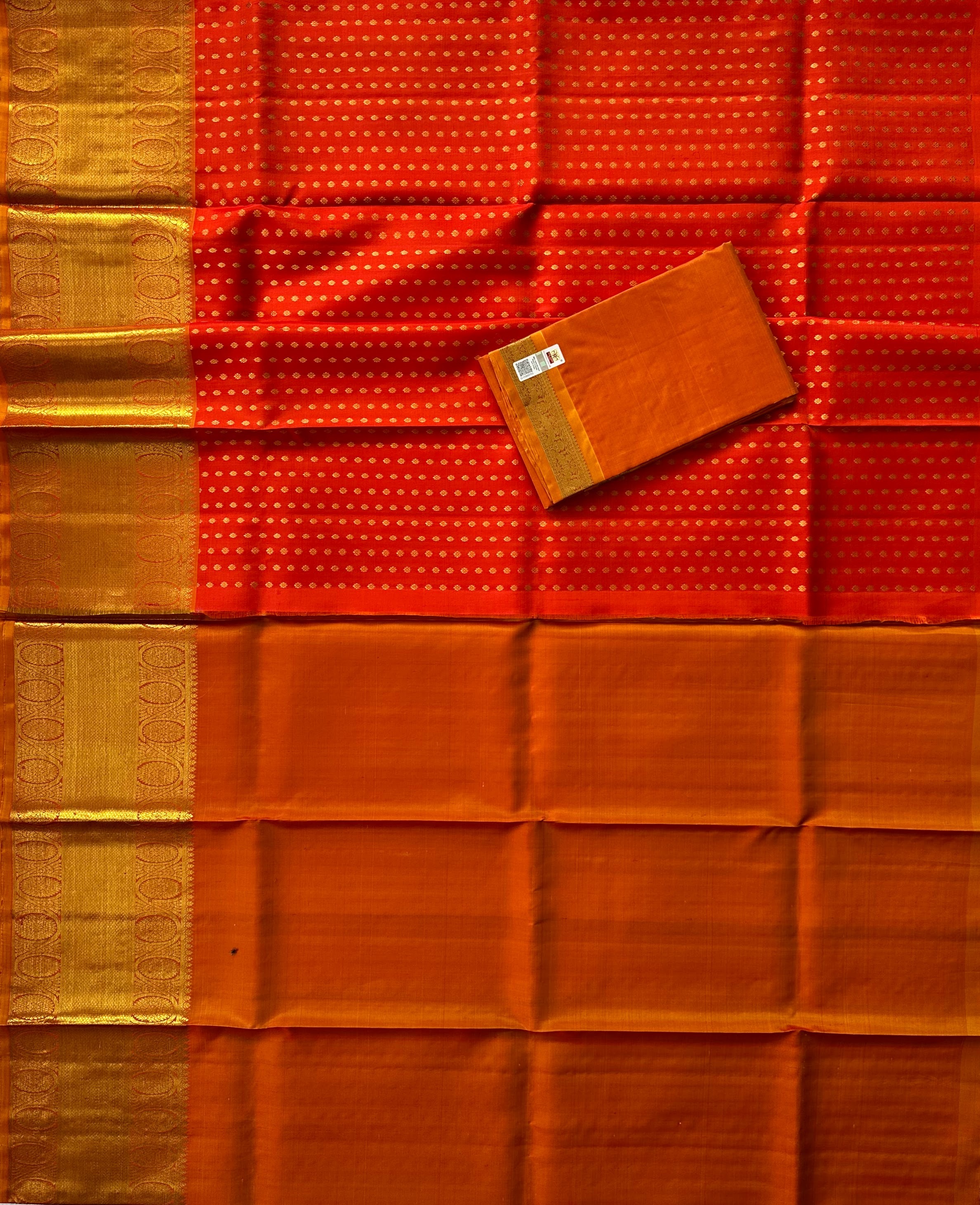 Dharmavaram Vermilion & Mustard Orange Pure Silk Half Saree with Gold-Tone Medallion Border