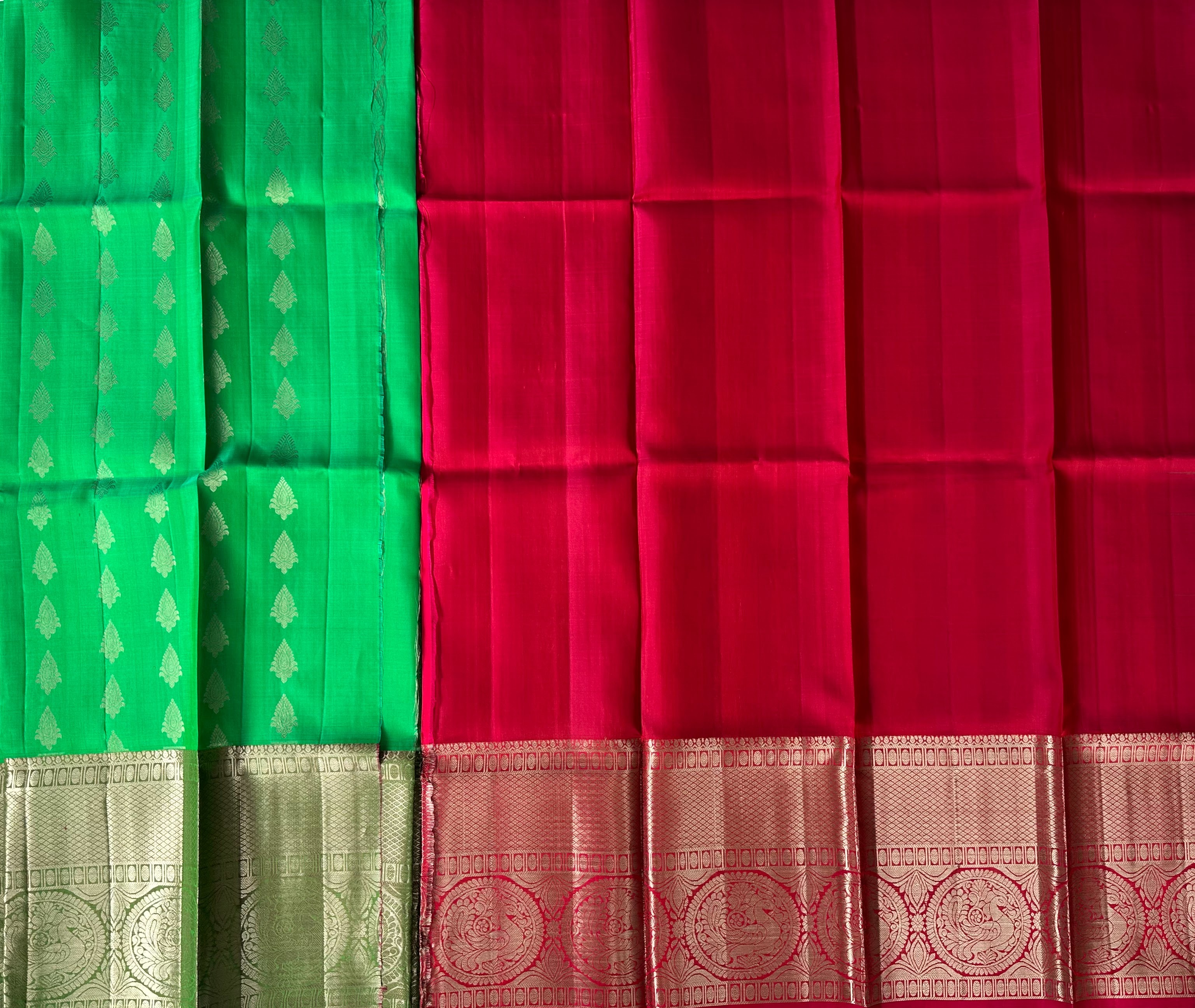 Dharmavaram Emerald Green & Rani Pink Pure Silk Half Saree with Gold-Tone Peacock Border