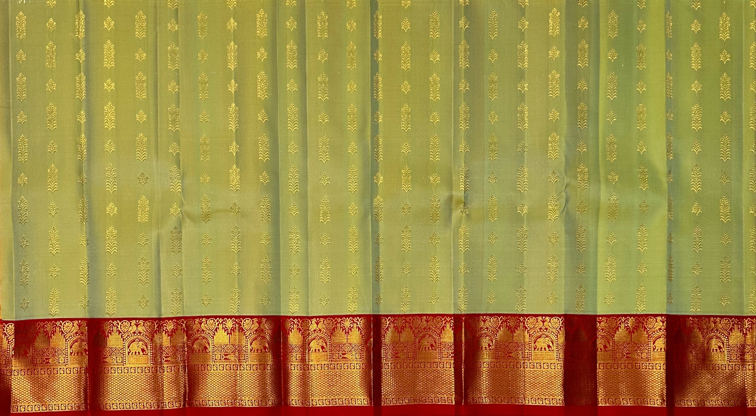 Dharmavaram Light Olive Green & Crimson Red Pure Silk Pattu Pavada with Gold-Tone Zari Border