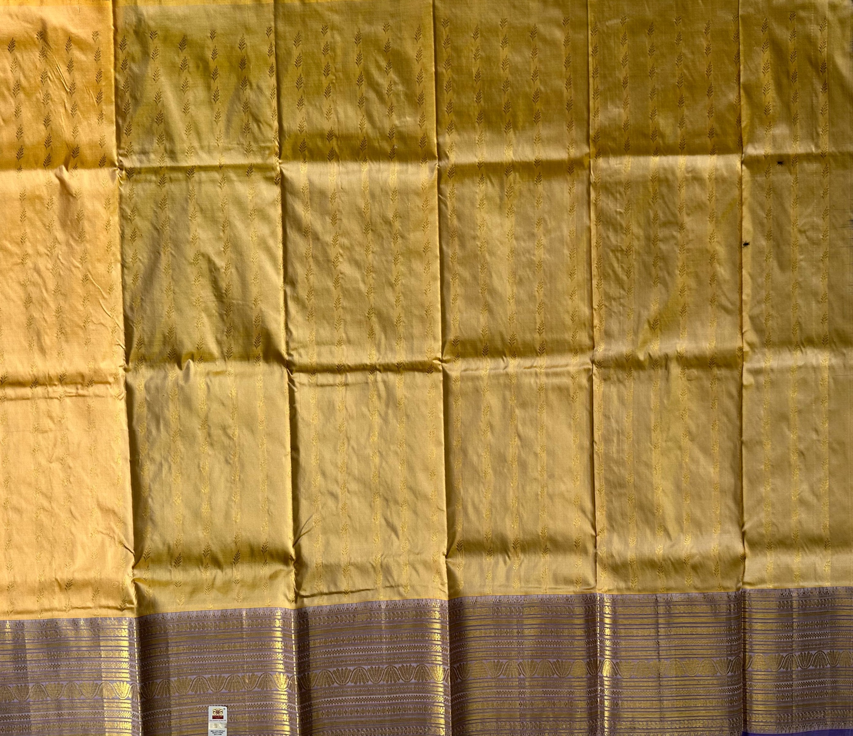 Dharmavaram Mustard Yellow & Royal Blue Pure Silk Pattu Pavada with Gold-Tone Zari Border