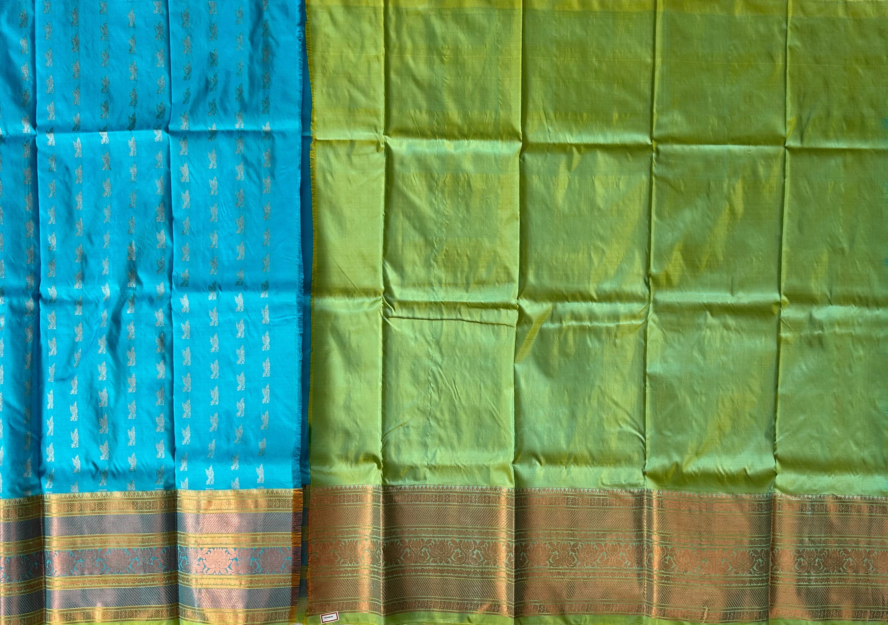 Dharmavaram Parrot Green & Turquoise Blue Pure Silk Pattu Pavada with Gold-Tone Zari Border
