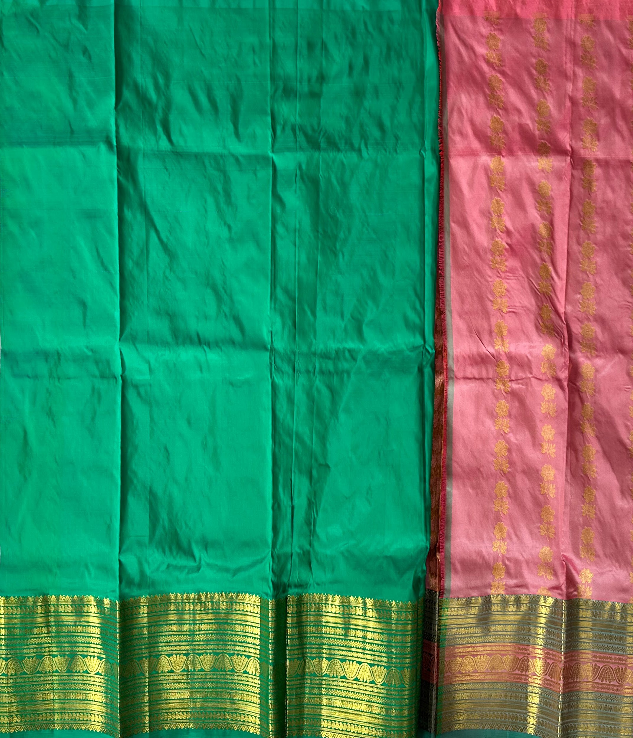 Dharmavaram Emerald Green & Pink Pure Silk Pattu Pavada with Gold-Tone Zari Border