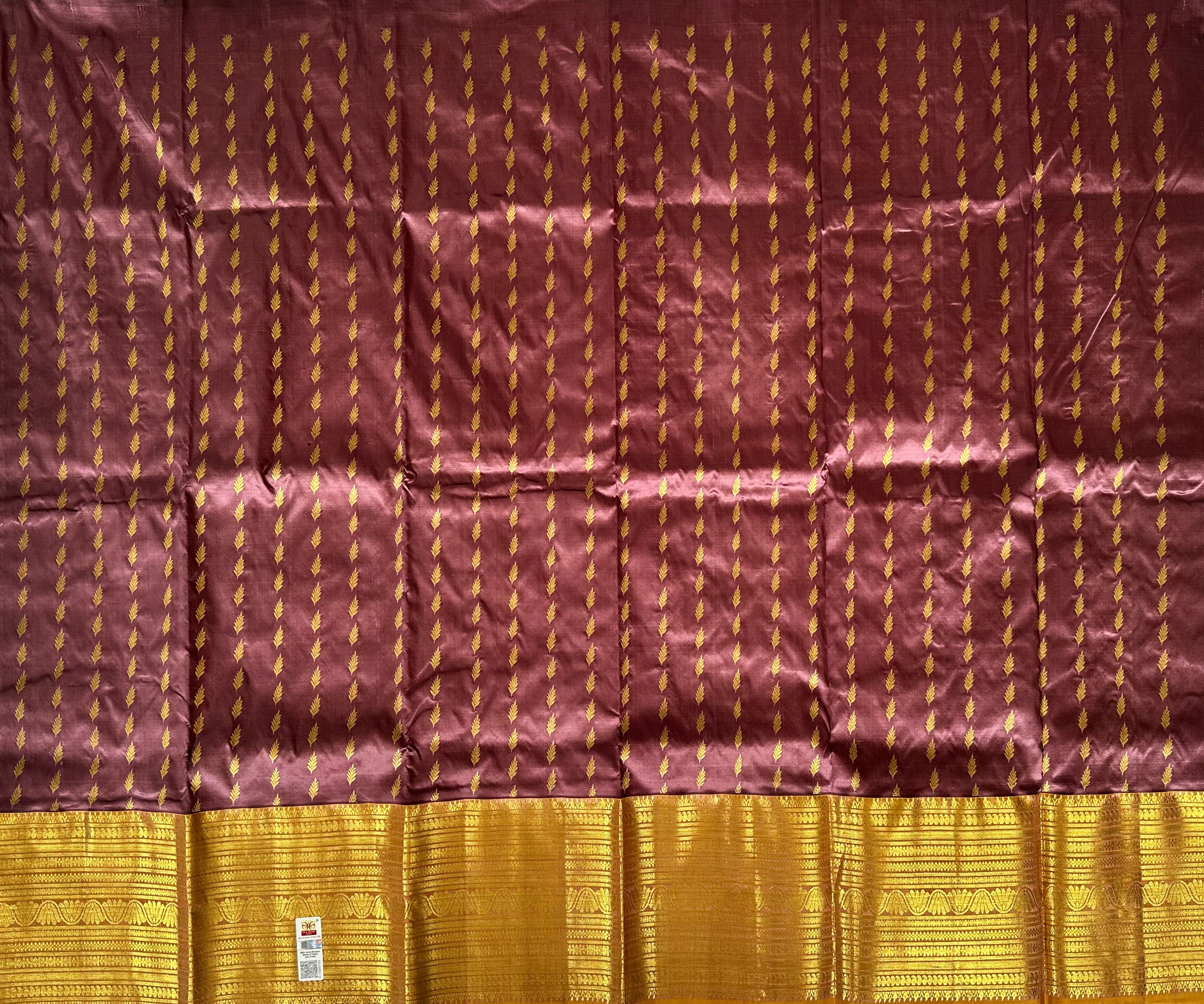 Dharmavaram Brown & Mustard Yellow Pure Silk Pattu Pavada with Gold-Tone Zari Leaf Butis
