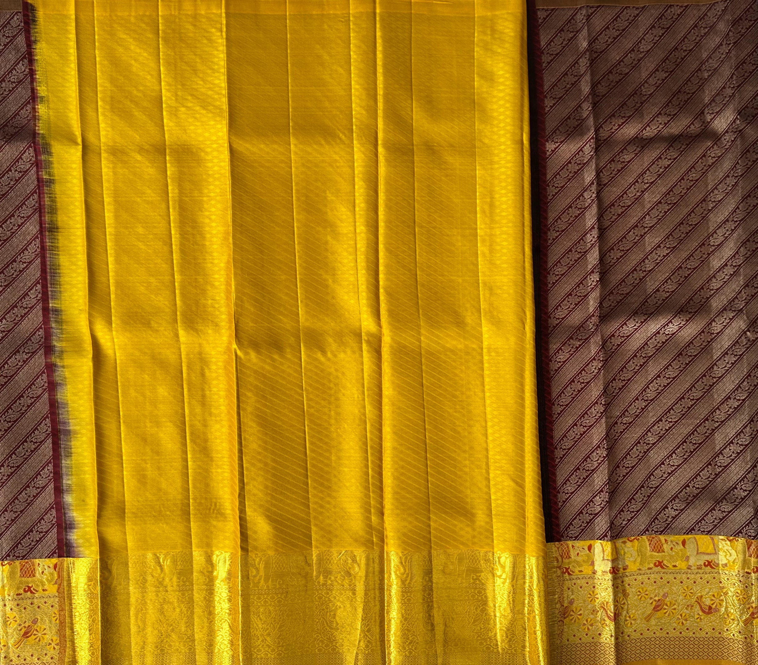 Dharmavaram Yellow & Maroon Pure Silk Pattu Pavada with Gold-Tone Zari