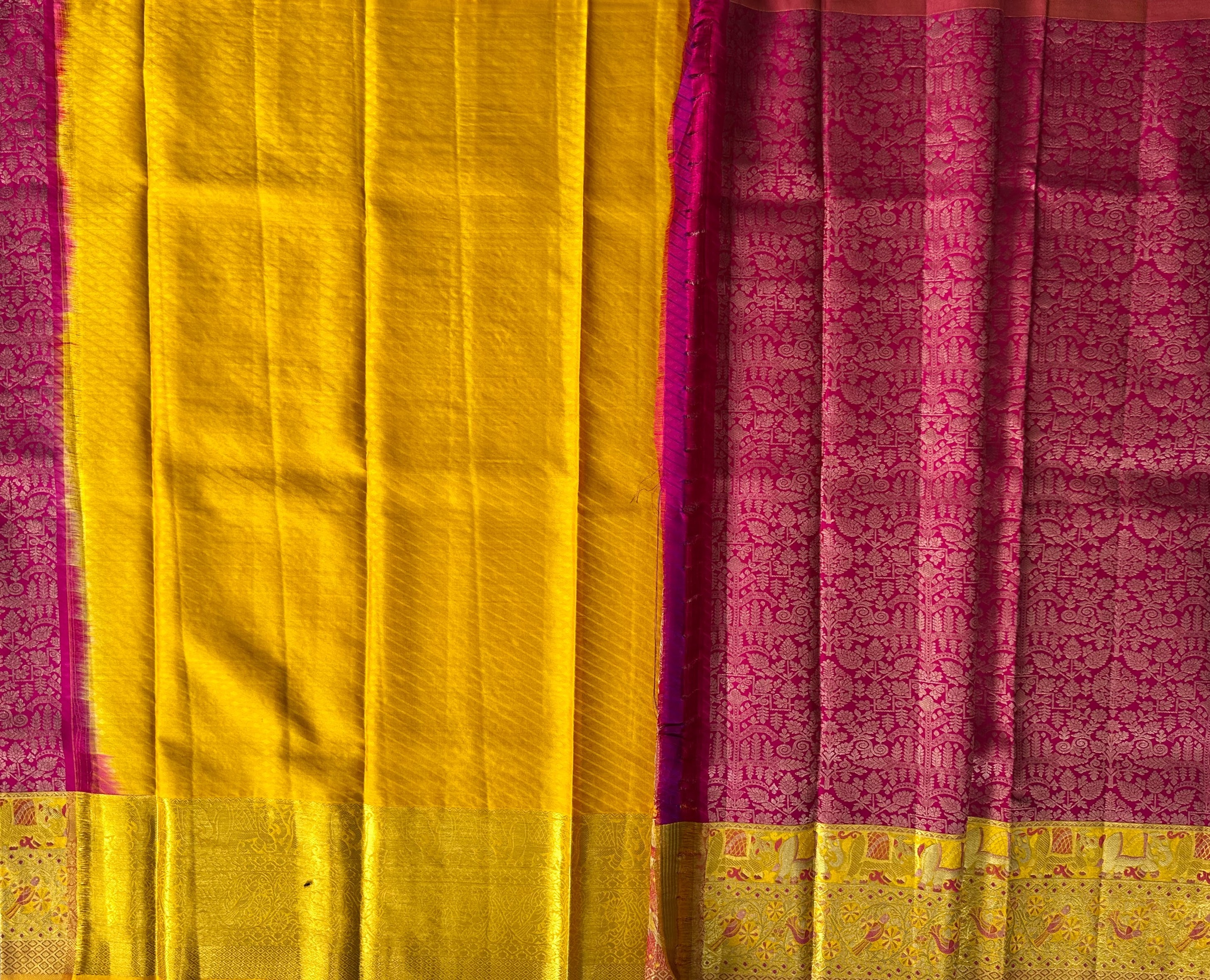 Dharmavaram Yellow & Rani Pink Pure Silk Pattu Pavada with Gold-Tone Zari Border