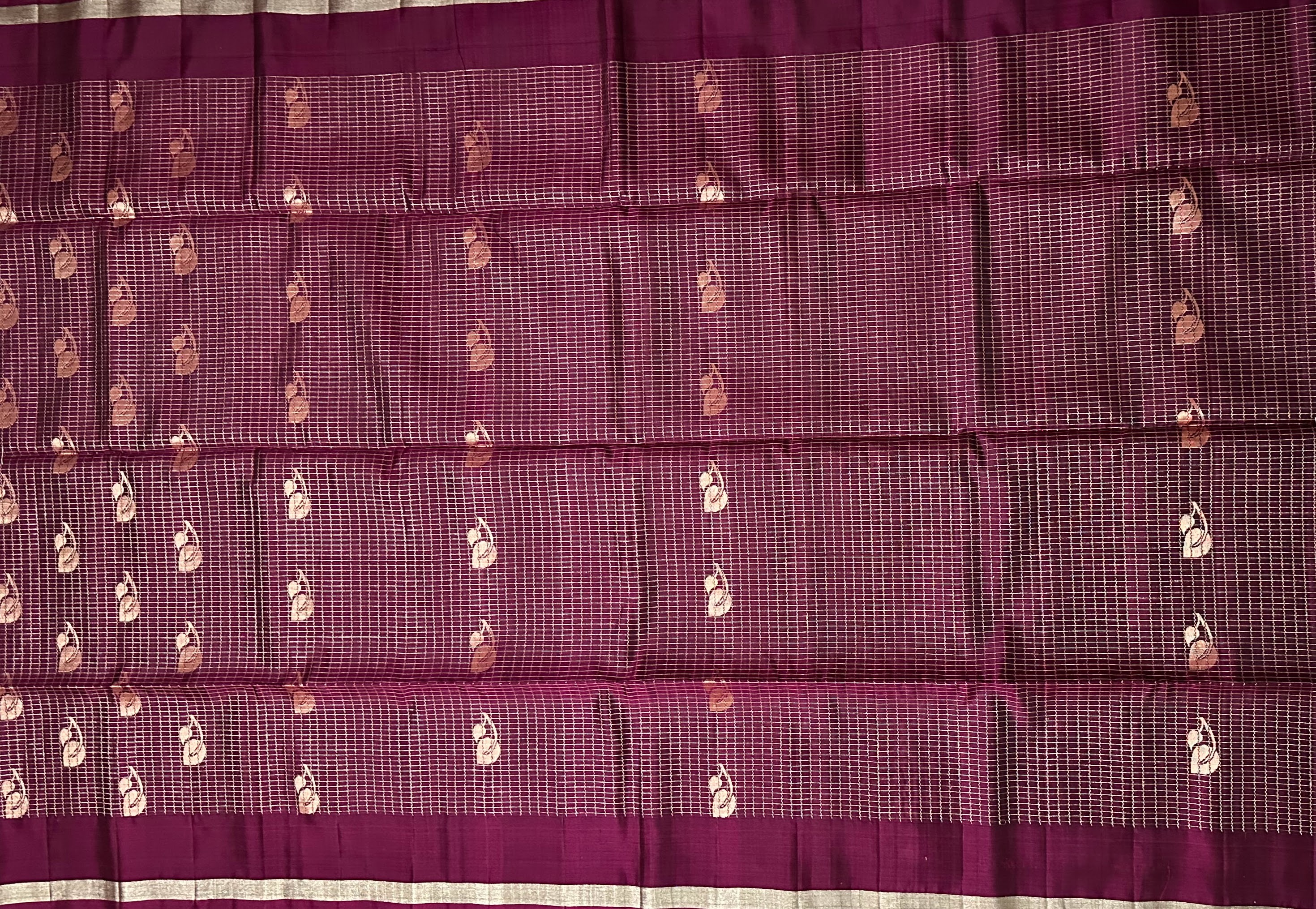 Dharmavaram Plum & Royal Blue Pure Silk Saree with Silver-Tone Zari Floral Butis