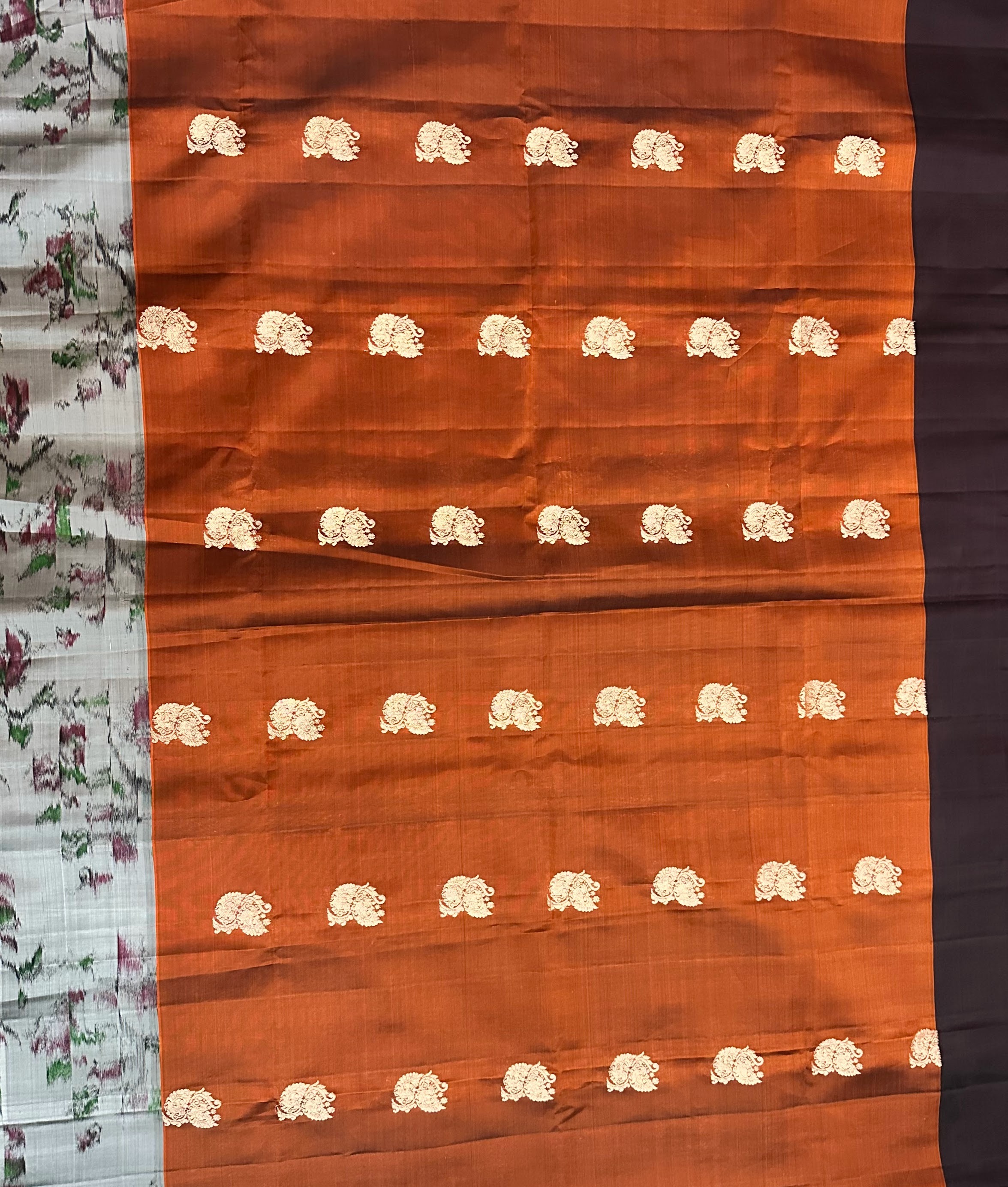 Dharmavaram Rust & Dark Brown Pure Silk Saree with Silver-Tone Zari Paisley Motifs