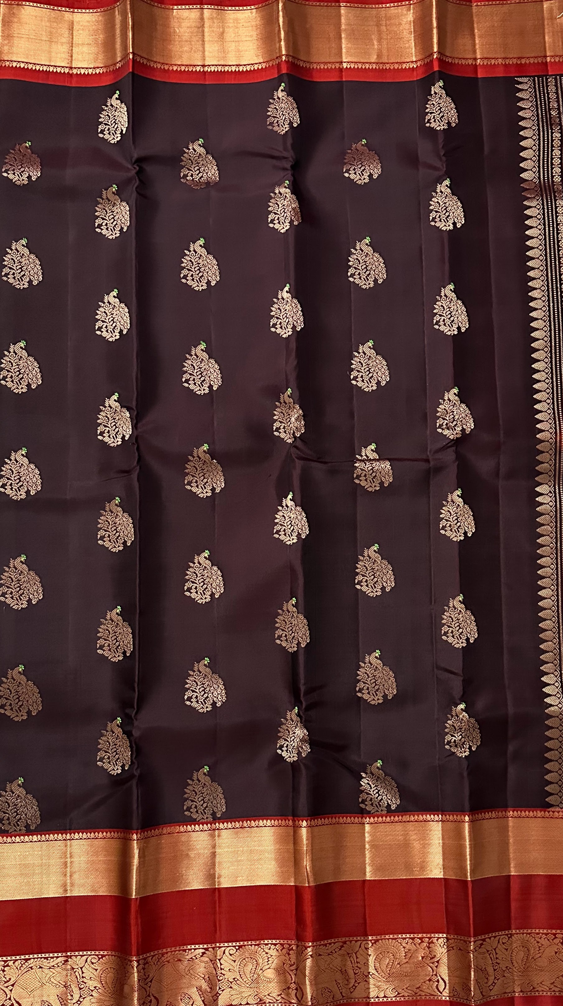 Dharmavaram Dark Brown & Red Pure Silk Saree with Gold-Tone Zari Peacock Butis