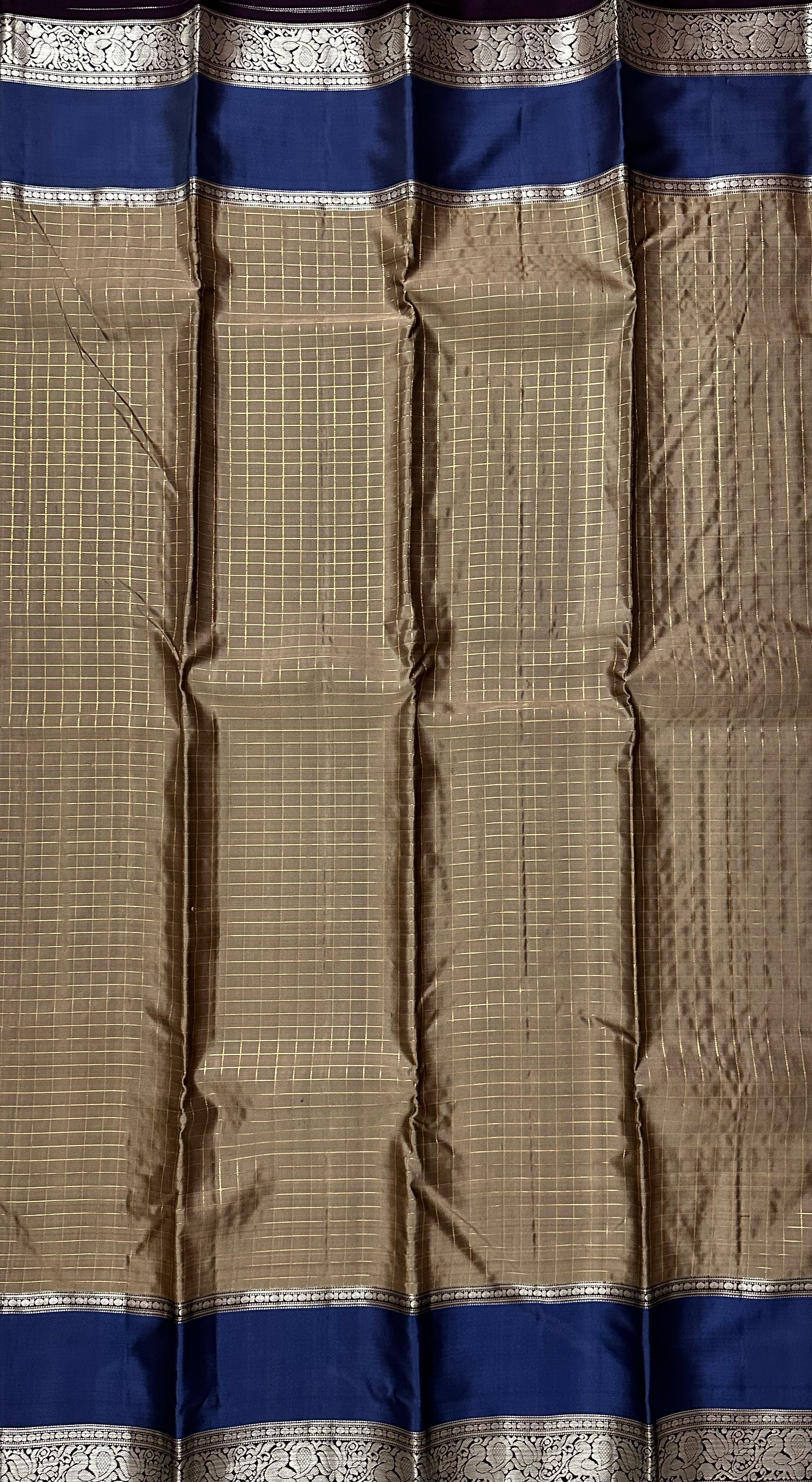Dharmavaram Beige & Royal Blue Pure Silk Saree with Silver-Tone Zari Floral Creeper Border