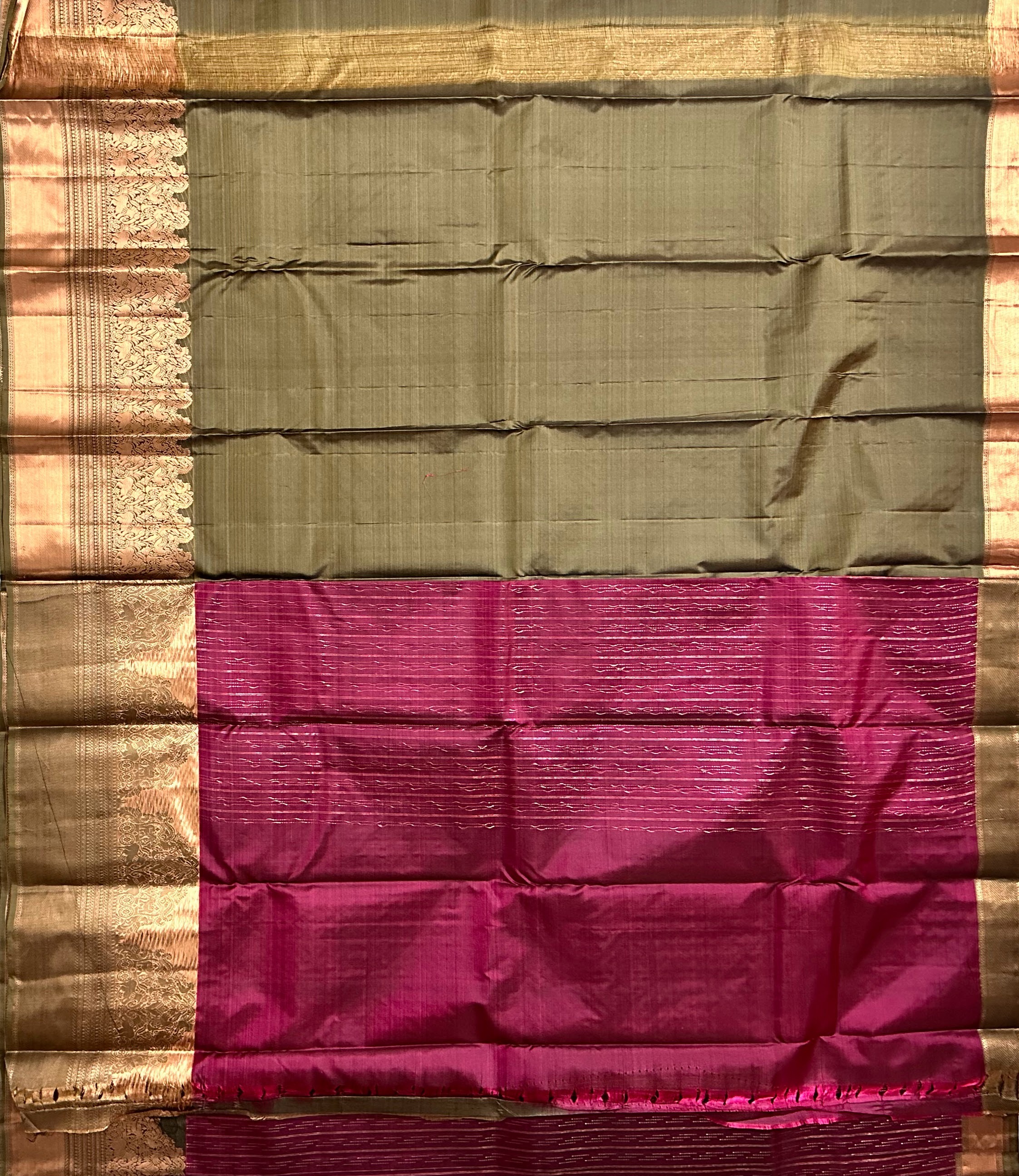 Dharmavaram Magenta & Olive Green Pure Silk Saree with Gold-Tone Zari Geometric and Temple Border