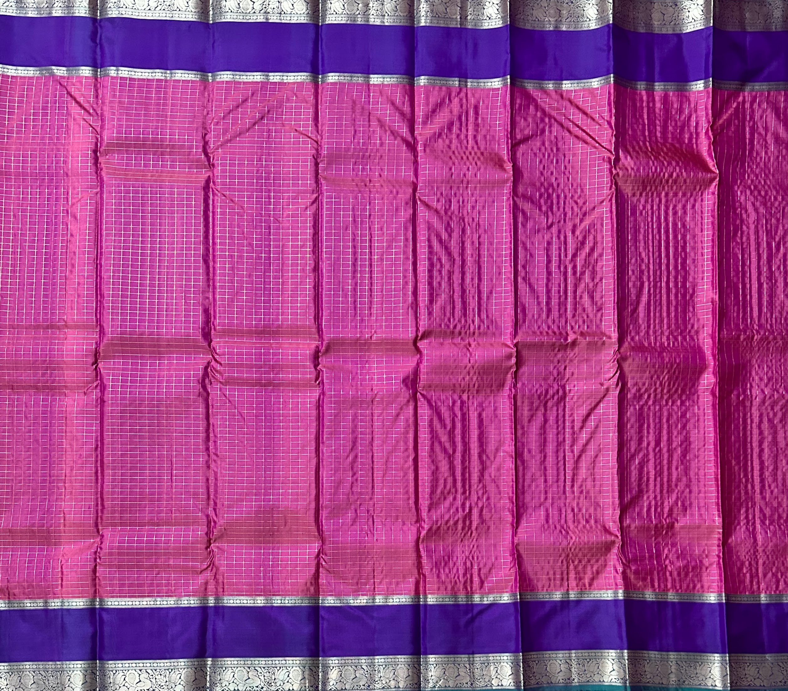 Dharmavaram Rani Pink & Purple Pure Silk Saree with Silver-Tone Zari Checks and Floral Borders