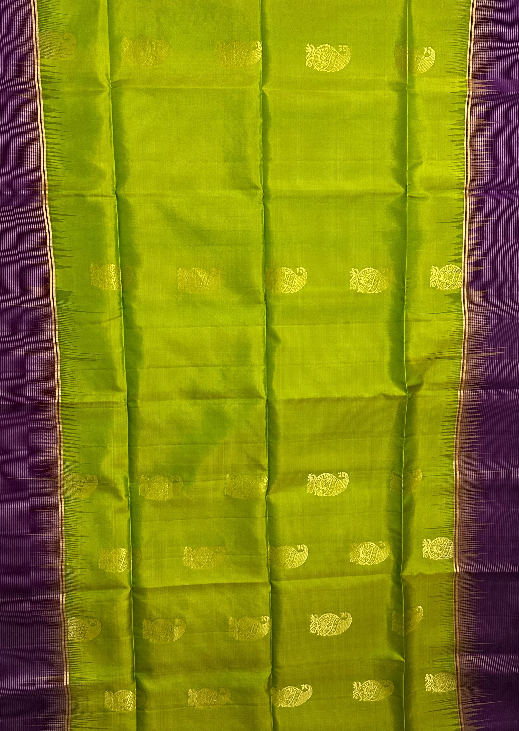 Dharmavaram Parrot Green & Purple Pure Silk Saree with Gold-Tone Zari Mango Butis