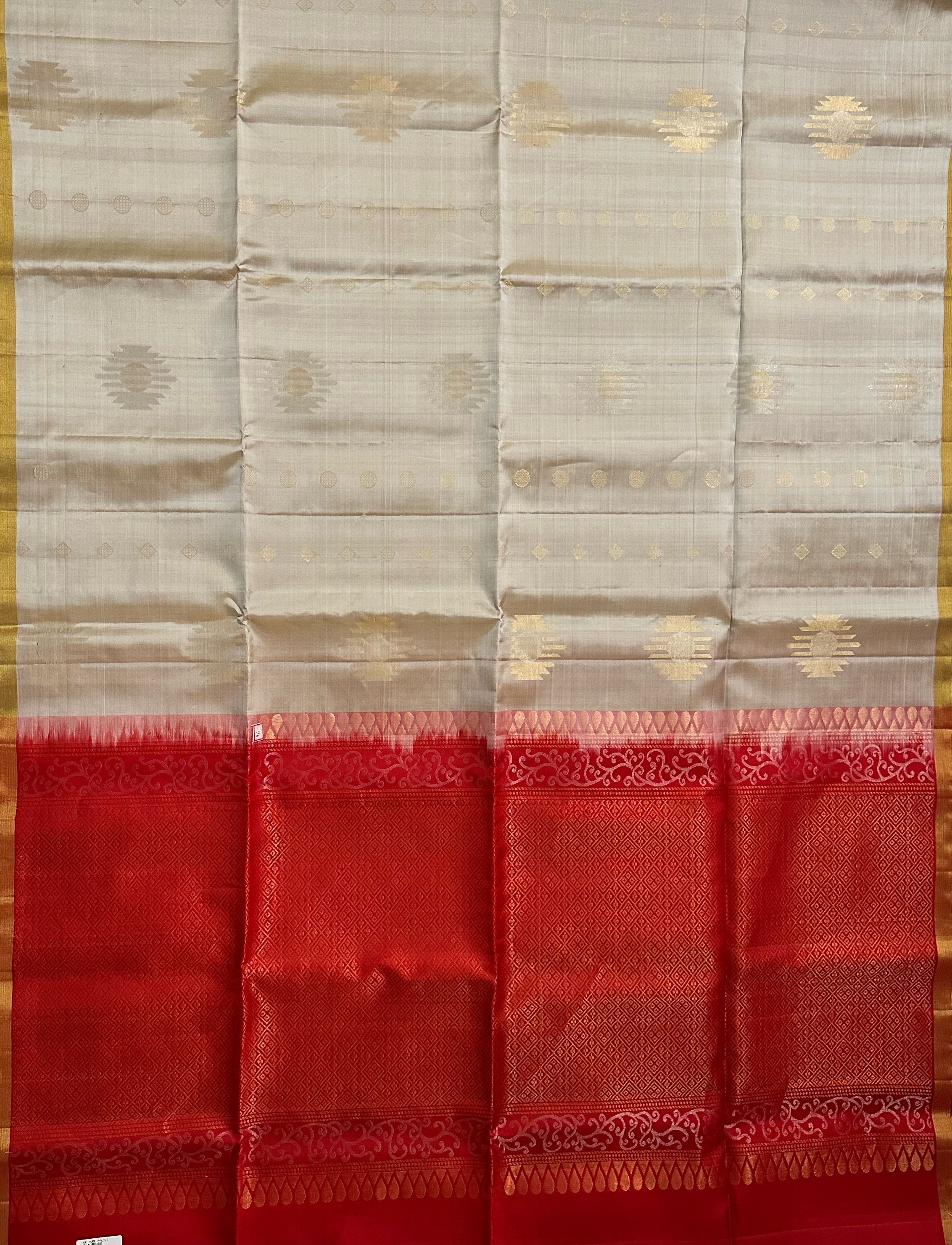 Dharmavaram Beige & Red Pure Silk Saree with Gold-Tone Zari Butis