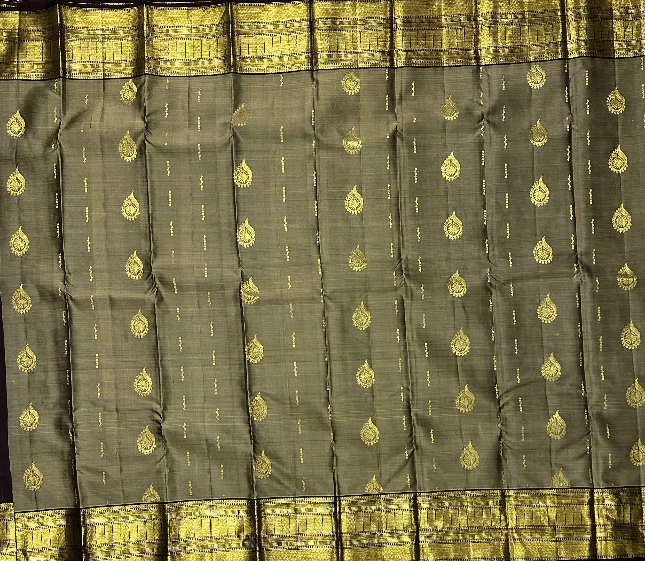 Dharmavaram Greyish Olive & Wine Pure Silk Pattu Pavada with Gold-Tone Zari Mango Butis