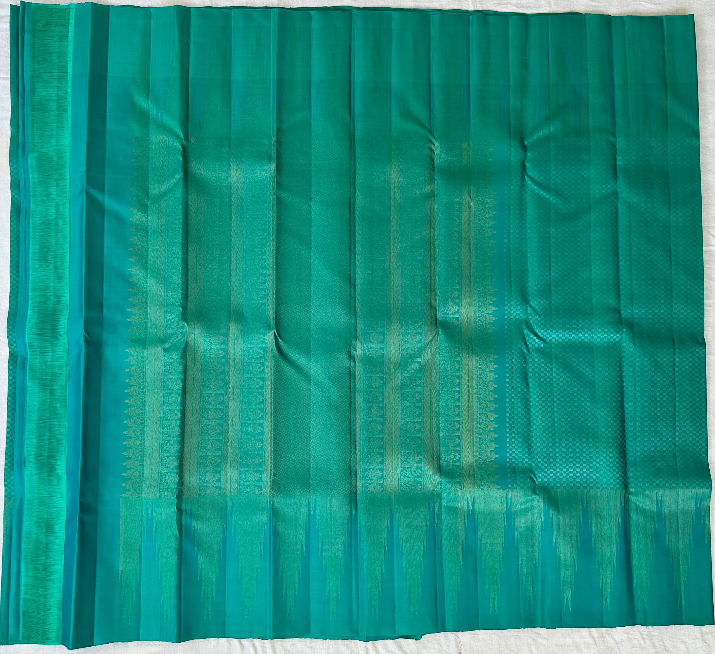 Dharmavaram Sea Green Pure Silk Saree with Gold-Tone Zari Temple Patterns