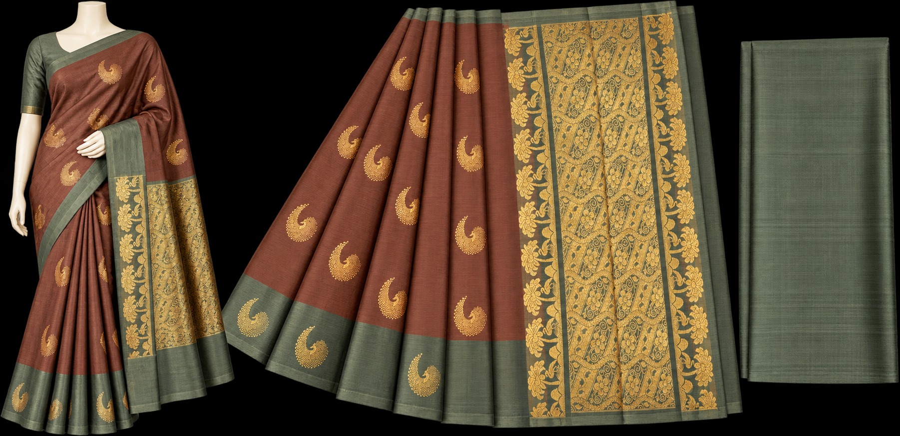 Dharmavaram Brown & Olive Green Pure Silk Saree with Gold-Tone Zari Peacock Motifs