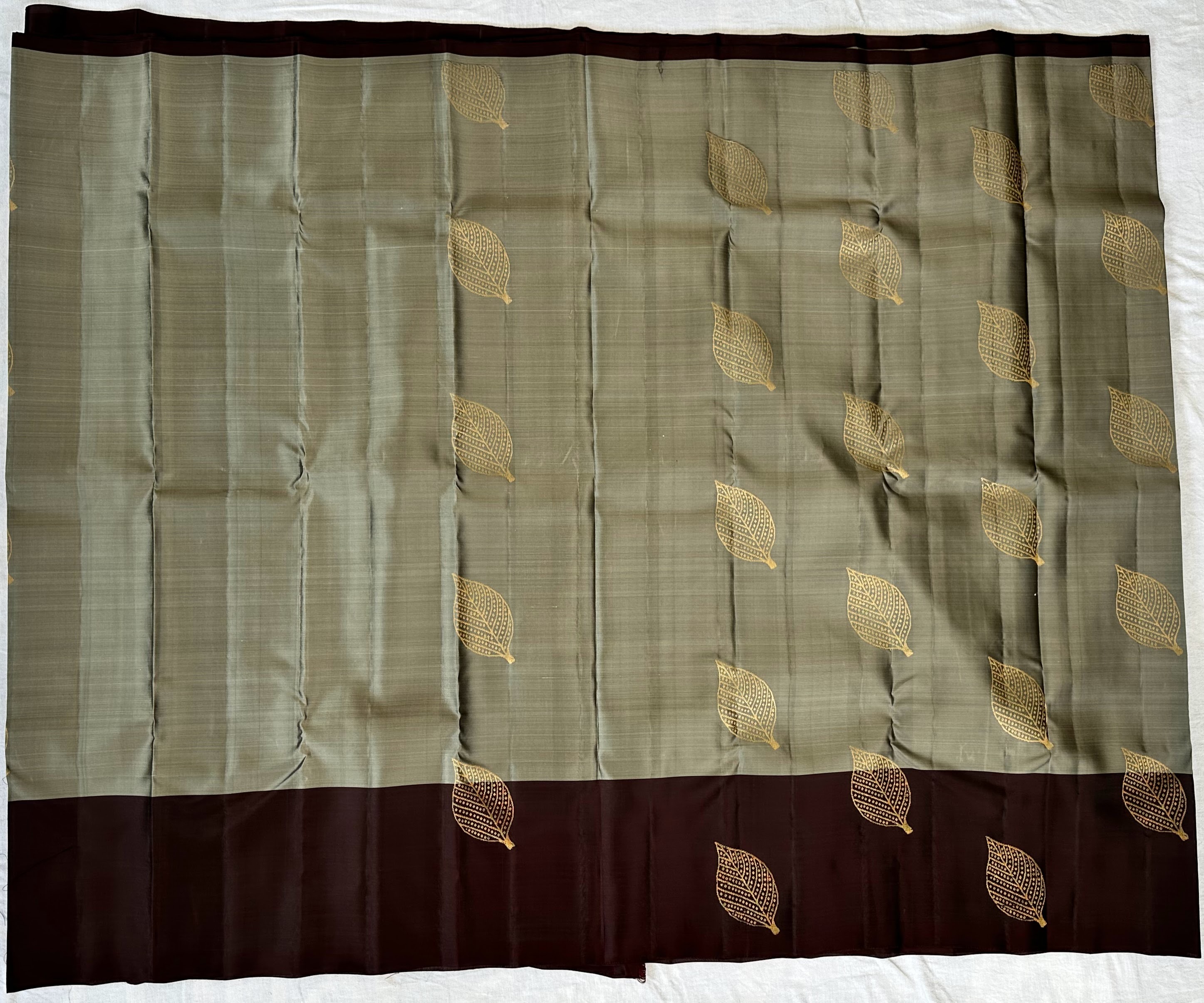 Dharmavaram Sage Green & Dark Brown Pure Silk Saree with Gold-Tone Zari Leaf Butis