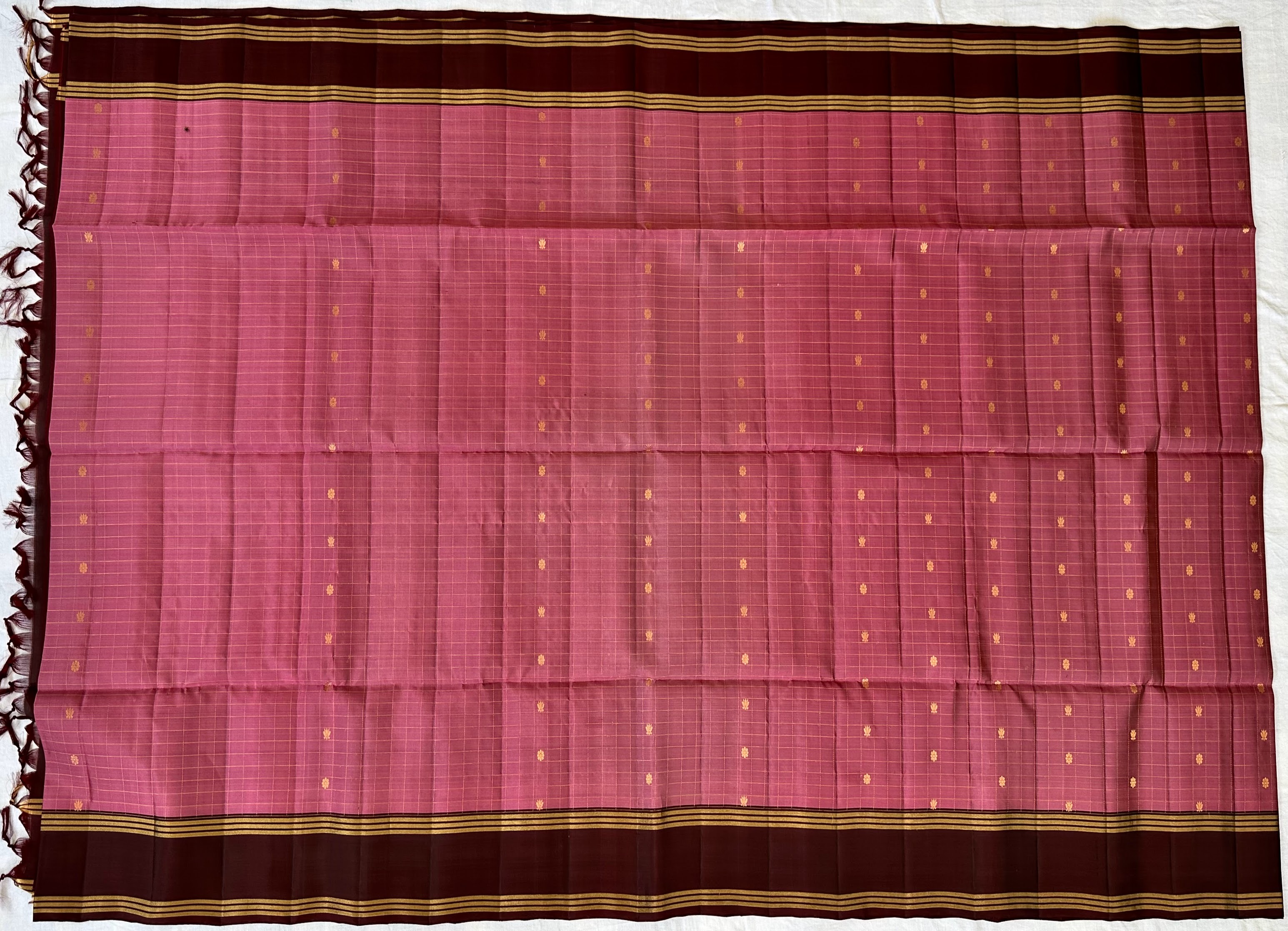 Dharmavaram Dusty Pink & Maroon Pure Silk Saree with Gold-Tone Zari Butis