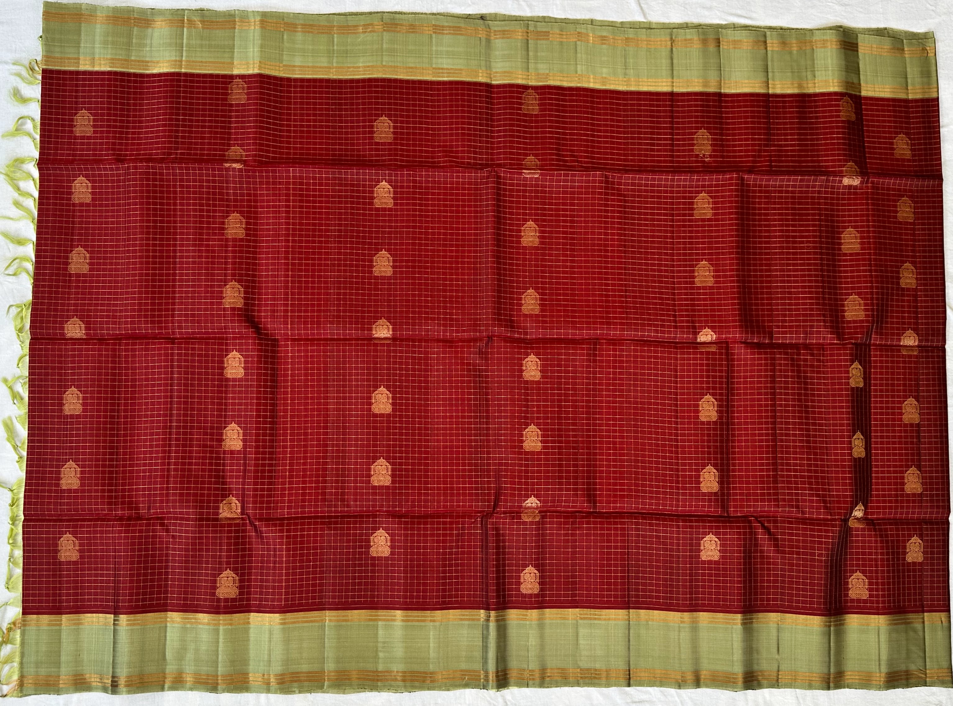 Dharmavaram Maroon & Olive Green Pure Silk Saree with Gold-Tone Zari Temple Butis