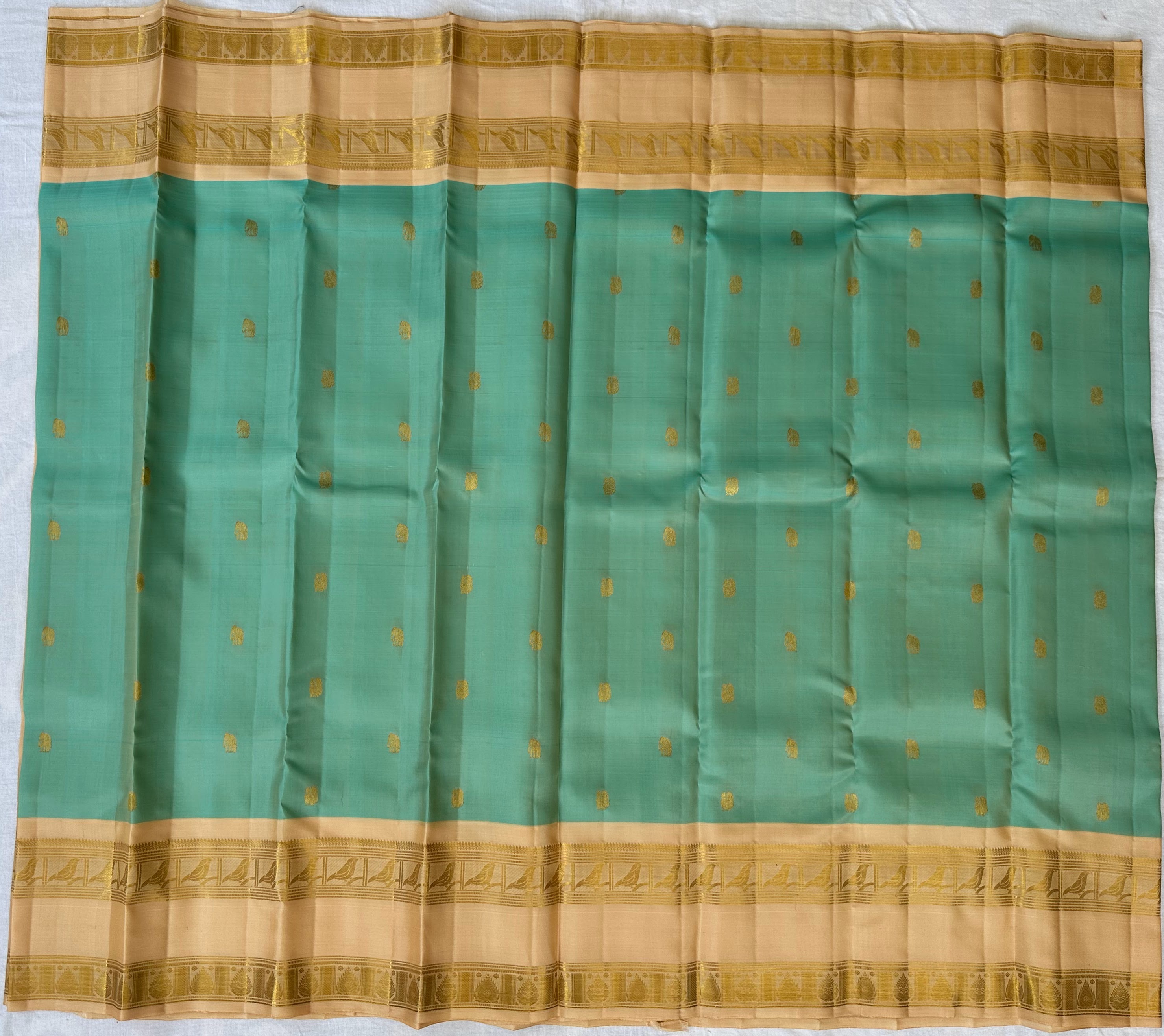 Dharmavaram Sea Green & Beige Pure Silk Saree with Gold-Tone Zari Bird Motifs