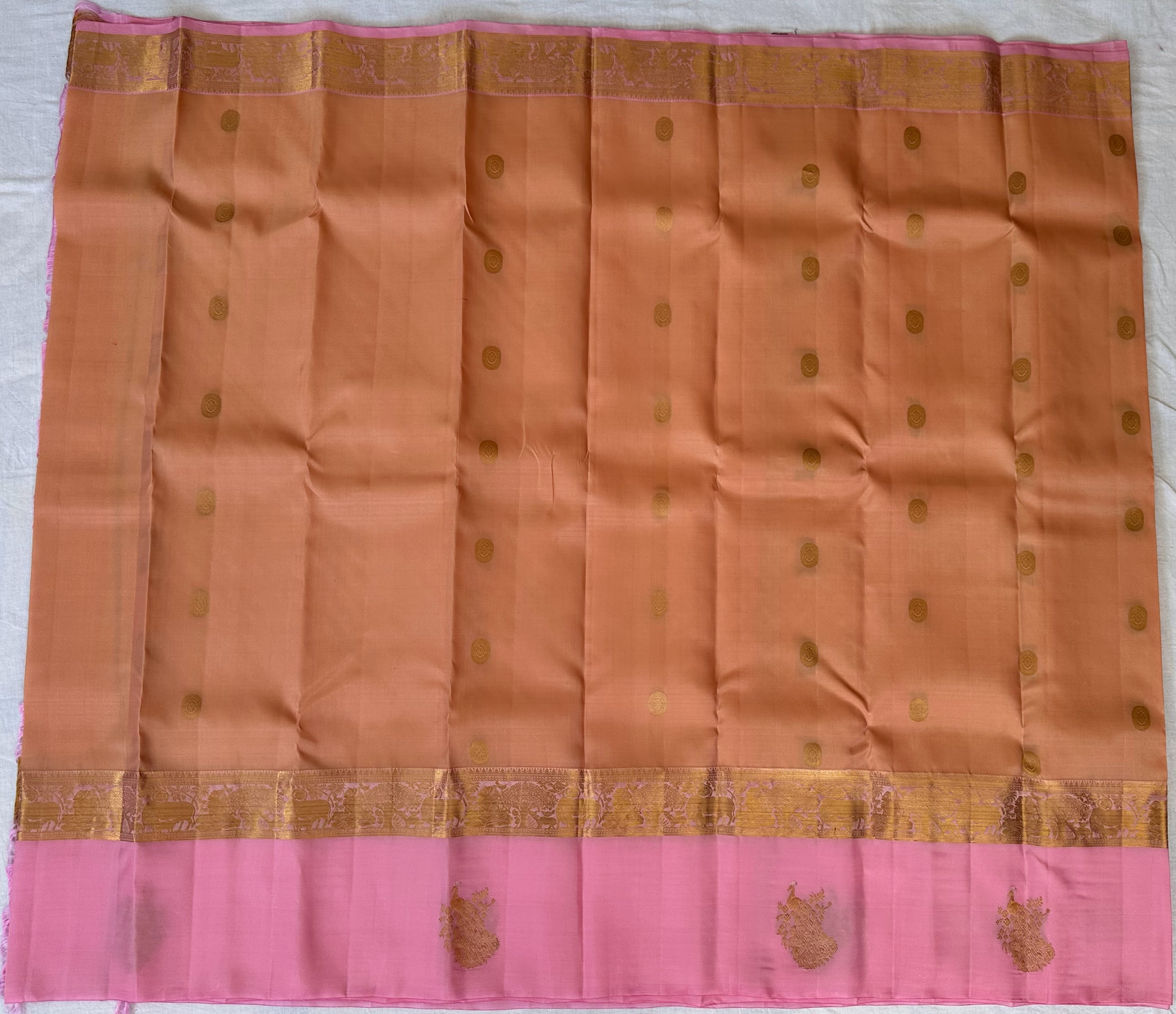 Dharmavaram Peach & Pink Pure Silk Saree with Gold-Tone Zari Floral Butis
