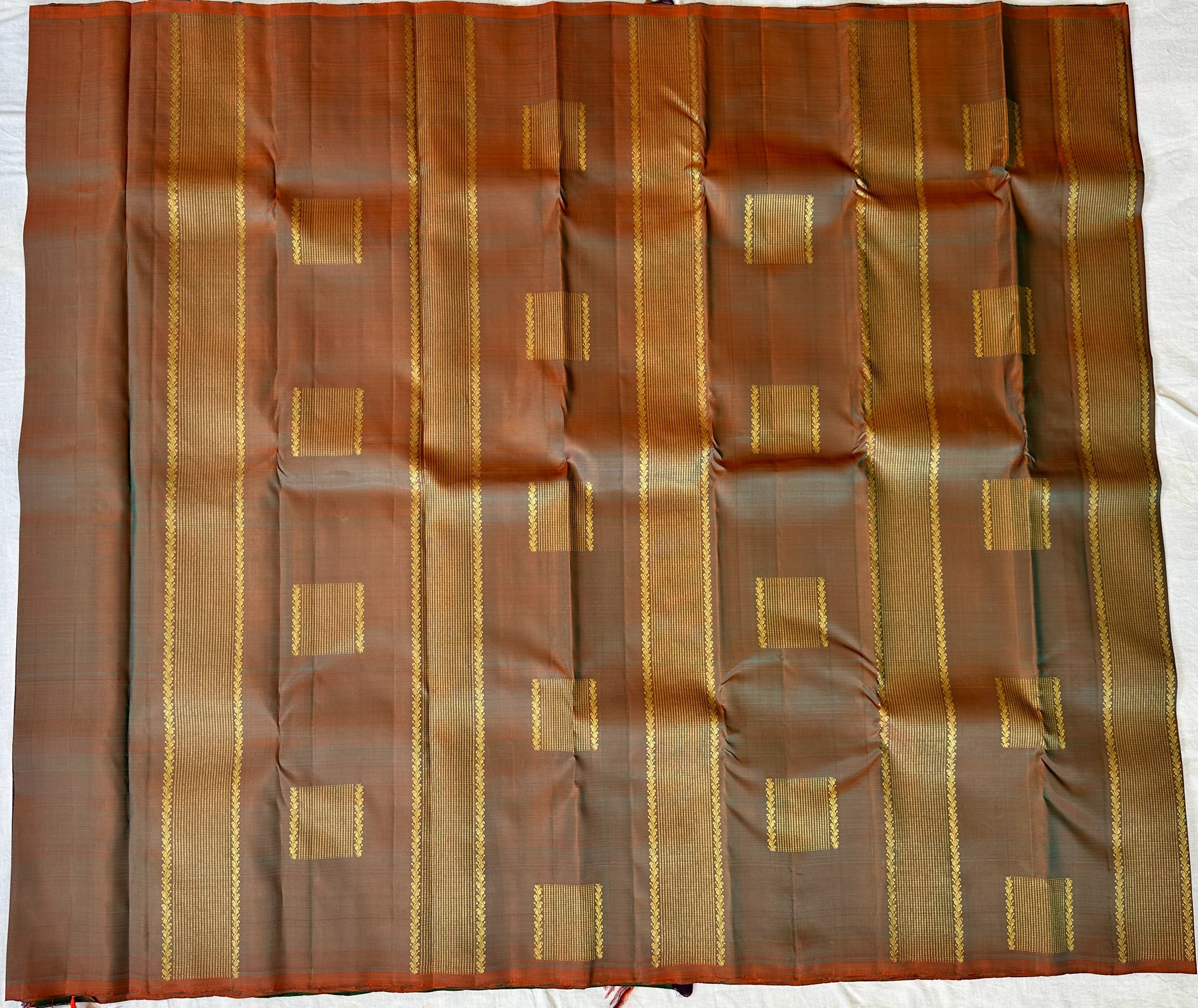 Dharmavaram Copper-Brown & Green Pure Silk Saree with Gold-Tone Zari Geometric Brocade