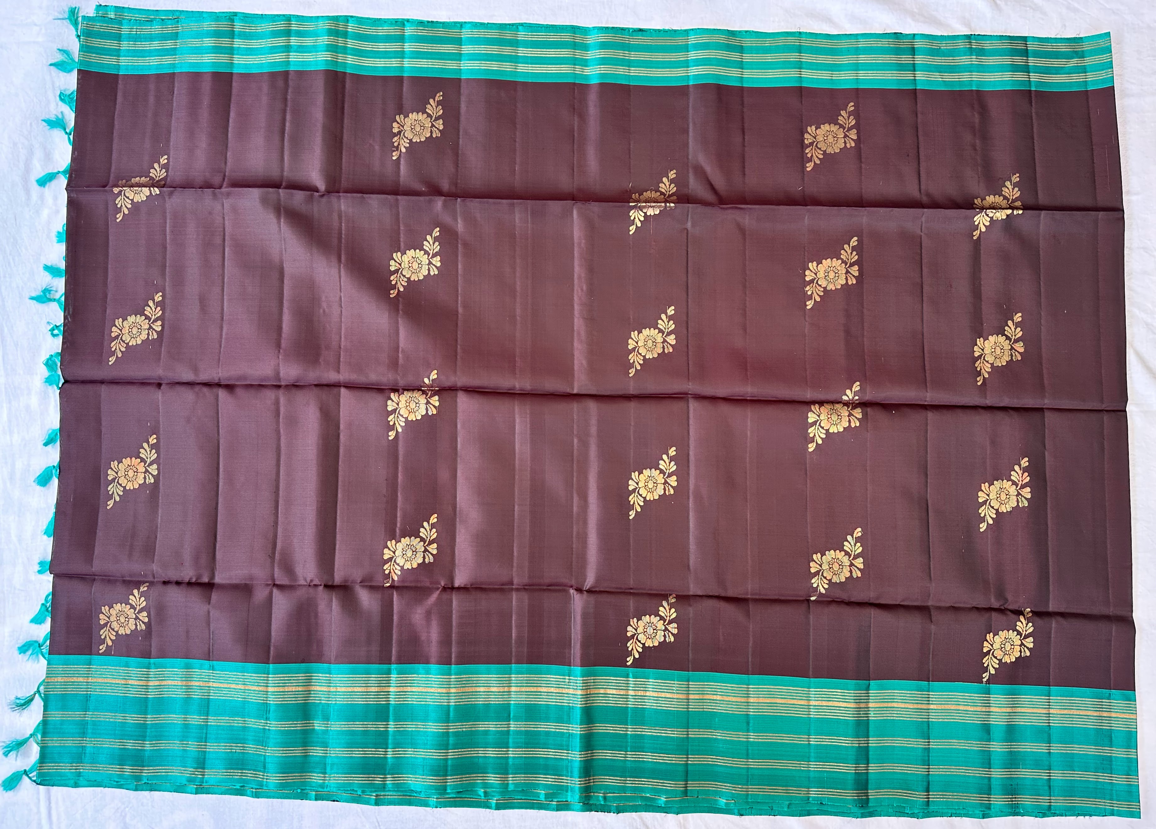 Dharmavaram Dark Brown & Emerald Green Pure Silk Saree with Gold-Tone Zari Floral Butis