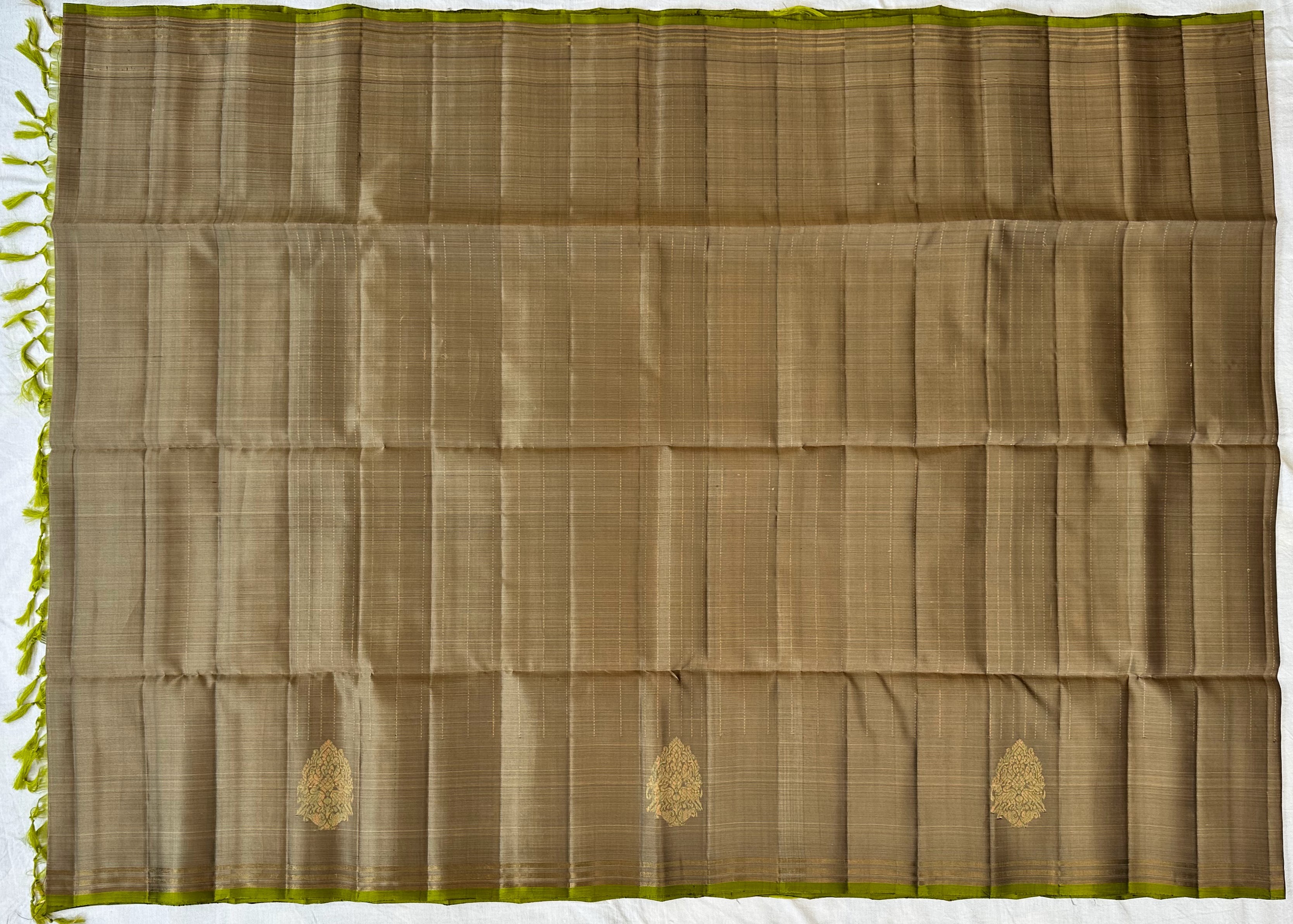 Dharmavaram Beige & Olive Green Pure Silk Saree with Gold-Tone Zari Floral Butis
