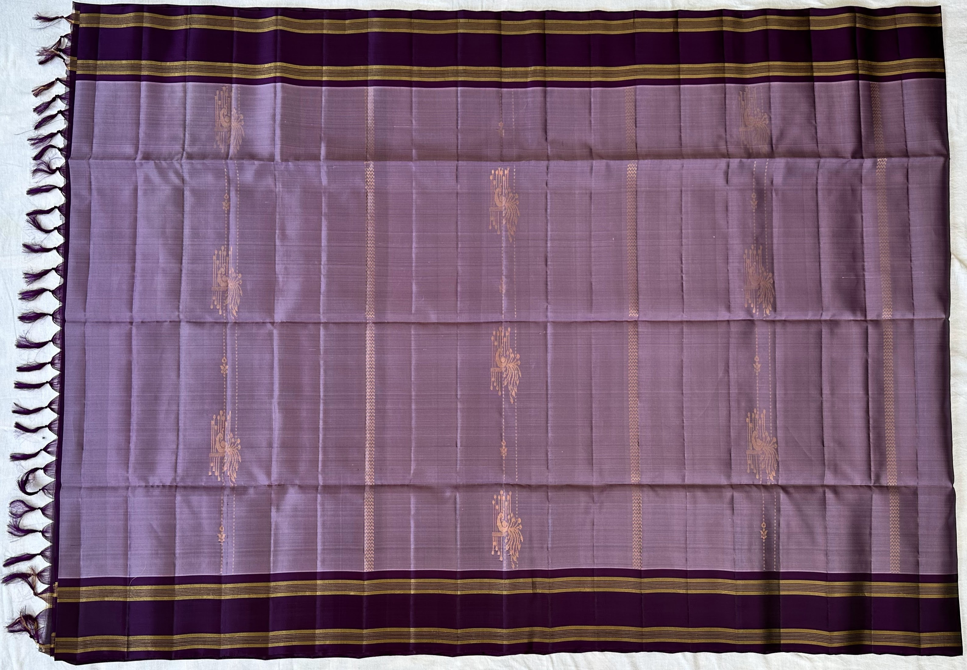 Dharmavaram Lavender & Deep Purple Pure Silk Saree with Copper-Tone Zari Peacock Motifs
