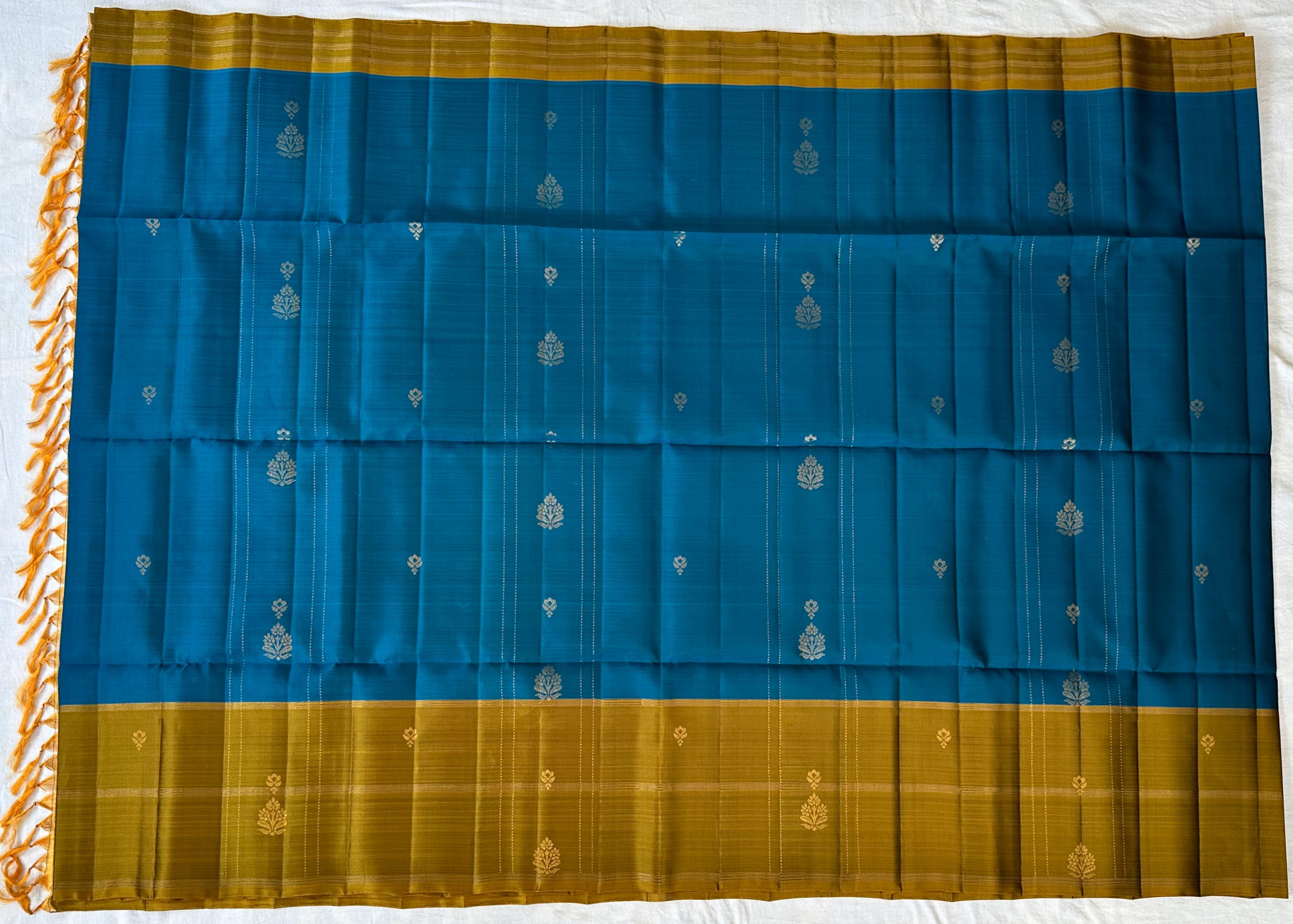 Dharmavaram Peacock Blue & Mustard Yellow Pure Silk Saree with Gold-Tone Floral Butis