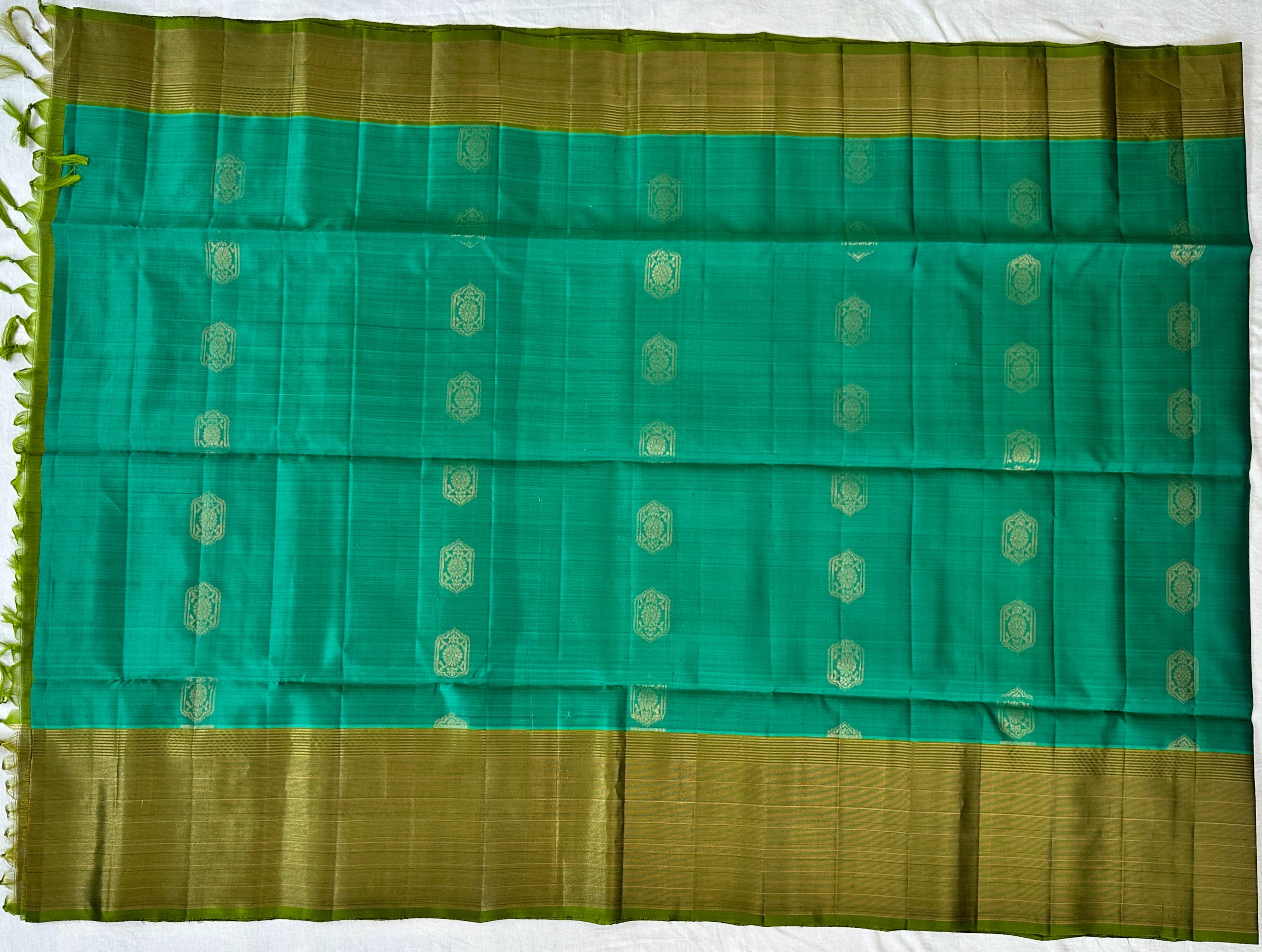 Dharmavaram Sea Green & Olive Green Pure Silk Saree with Gold-Tone Zari Floral Medallion Motifs