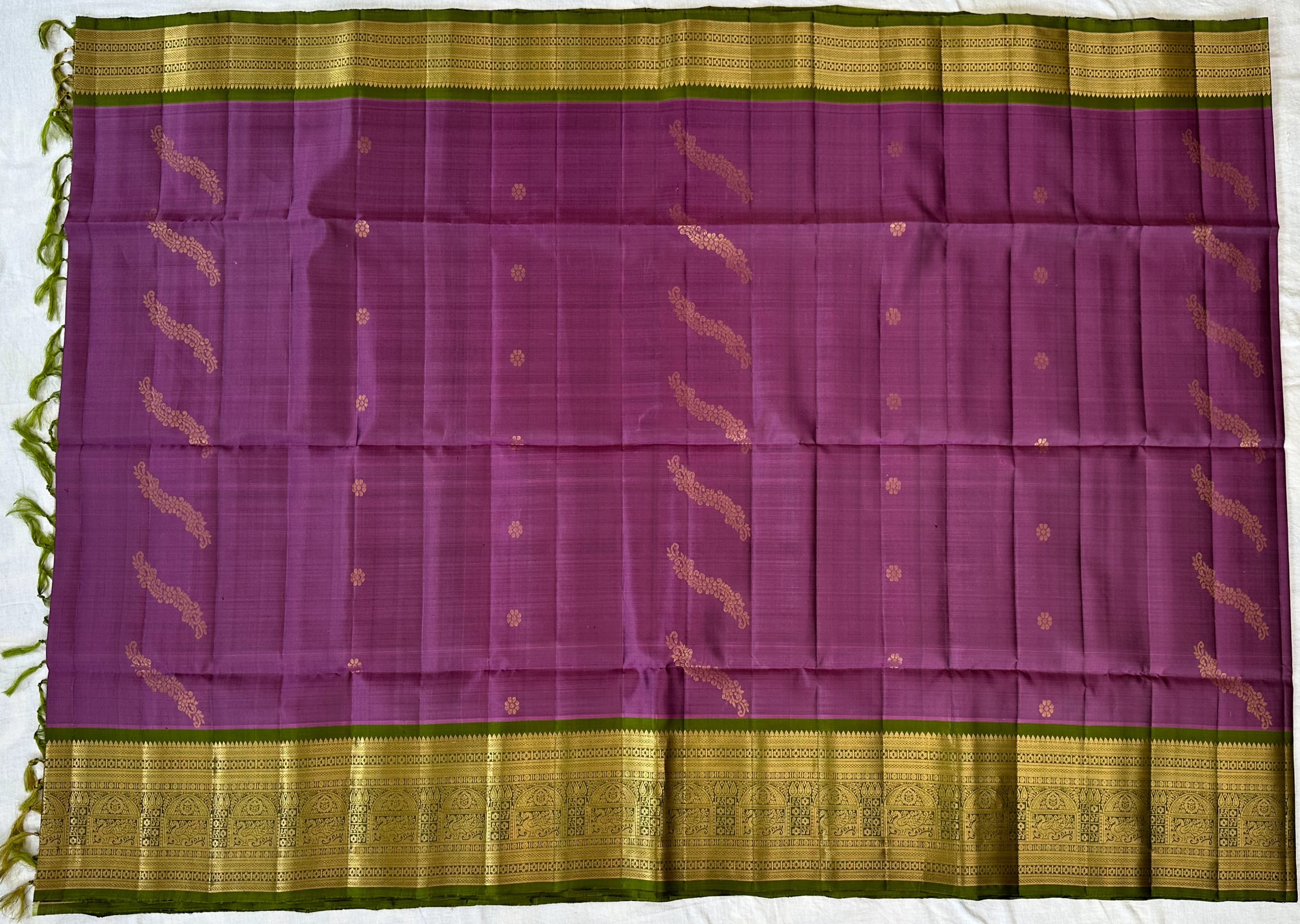 Dharmavaram Purple & Olive Green Pure Silk Saree with Gold-Tone Zari Butis