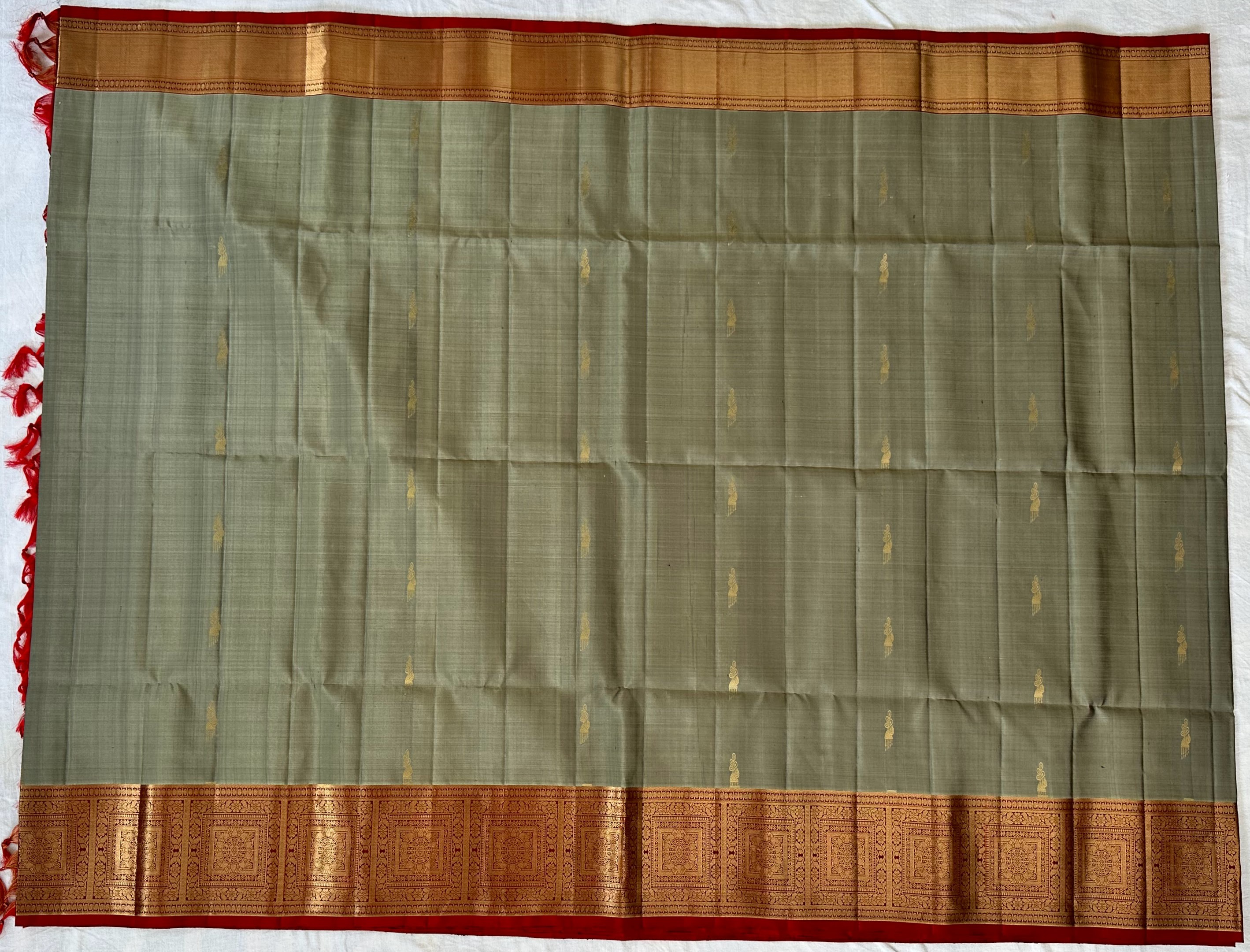Dharmavaram Grey & Red Pure Silk Saree with Gold-Tone Zari Geometric and Floral Motifs