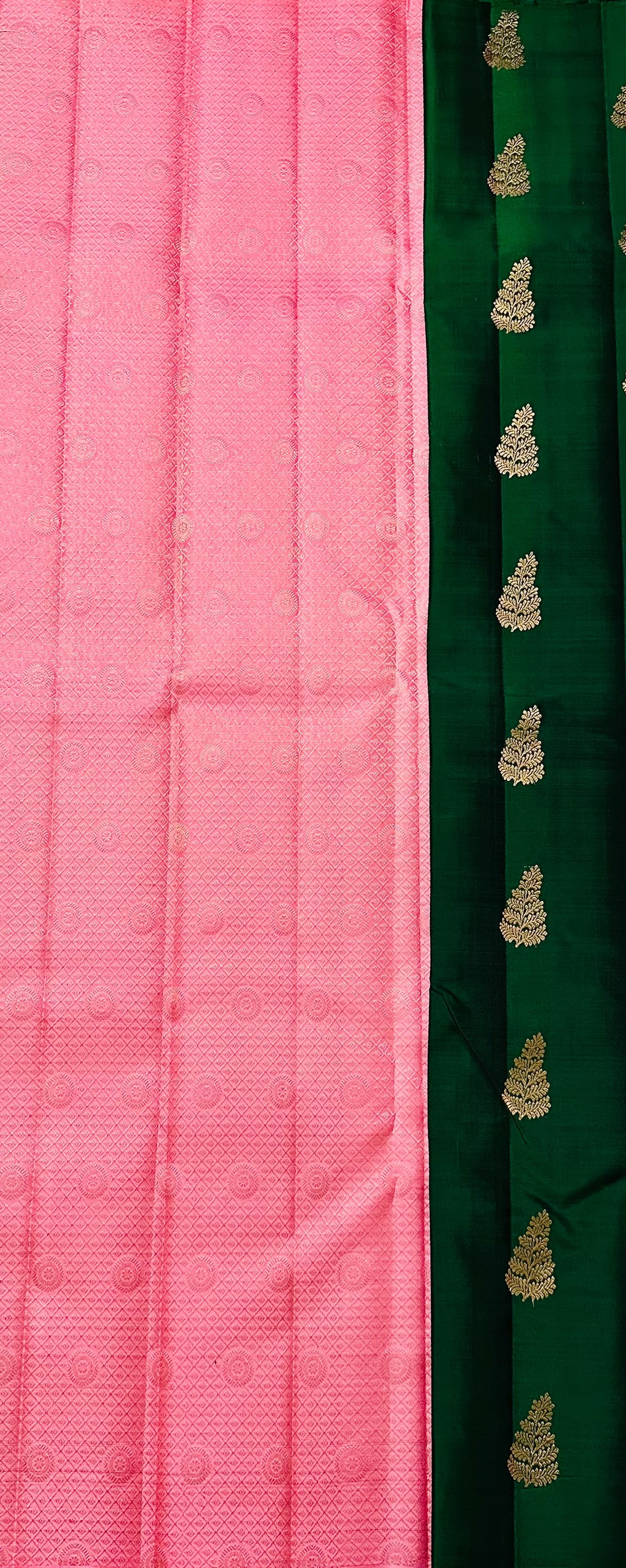 Dharmavaram Emerald Green & Pink Pure Silk Saree with Gold-Tone Zari Floral Butis
